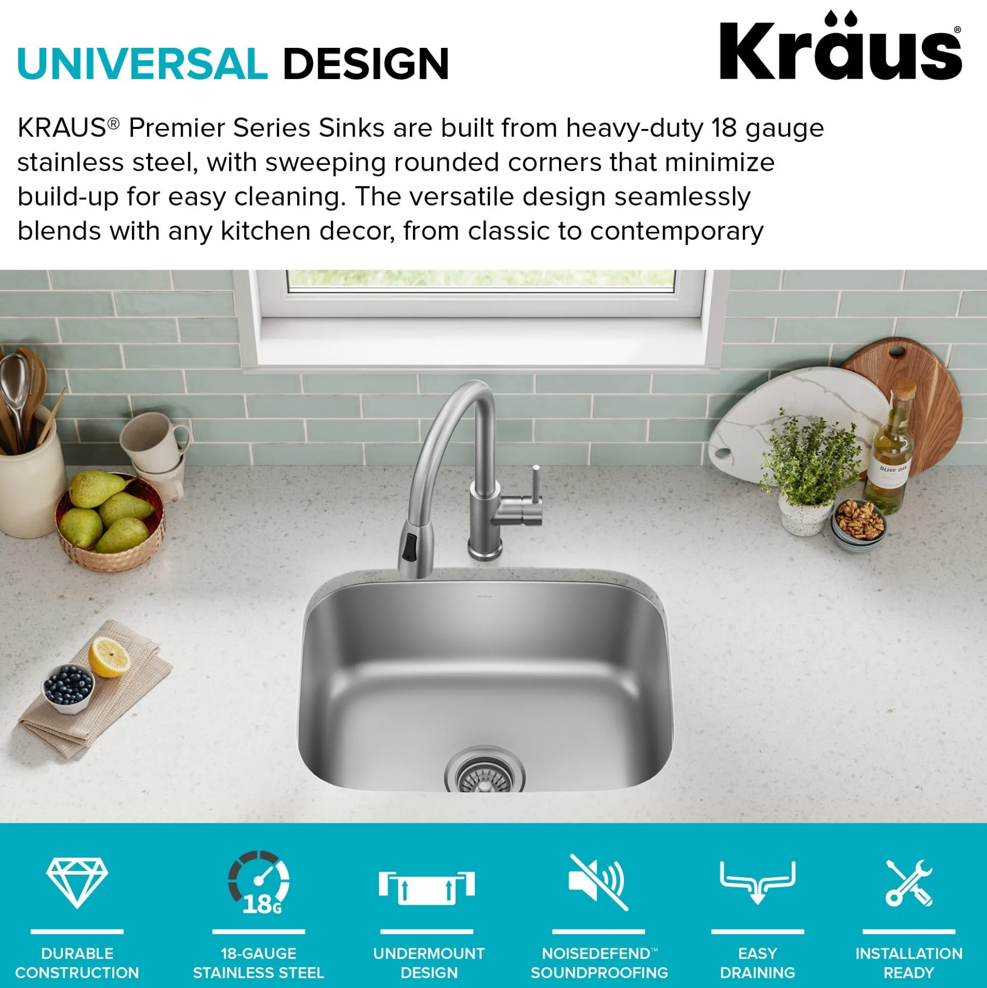 Premier 23” Undermount Single Bowl 18-Gauge Stainless Steel Kitchen Sink