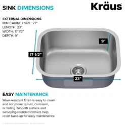Premier 23” Undermount Single Bowl 18-Gauge Stainless Steel Kitchen Sink