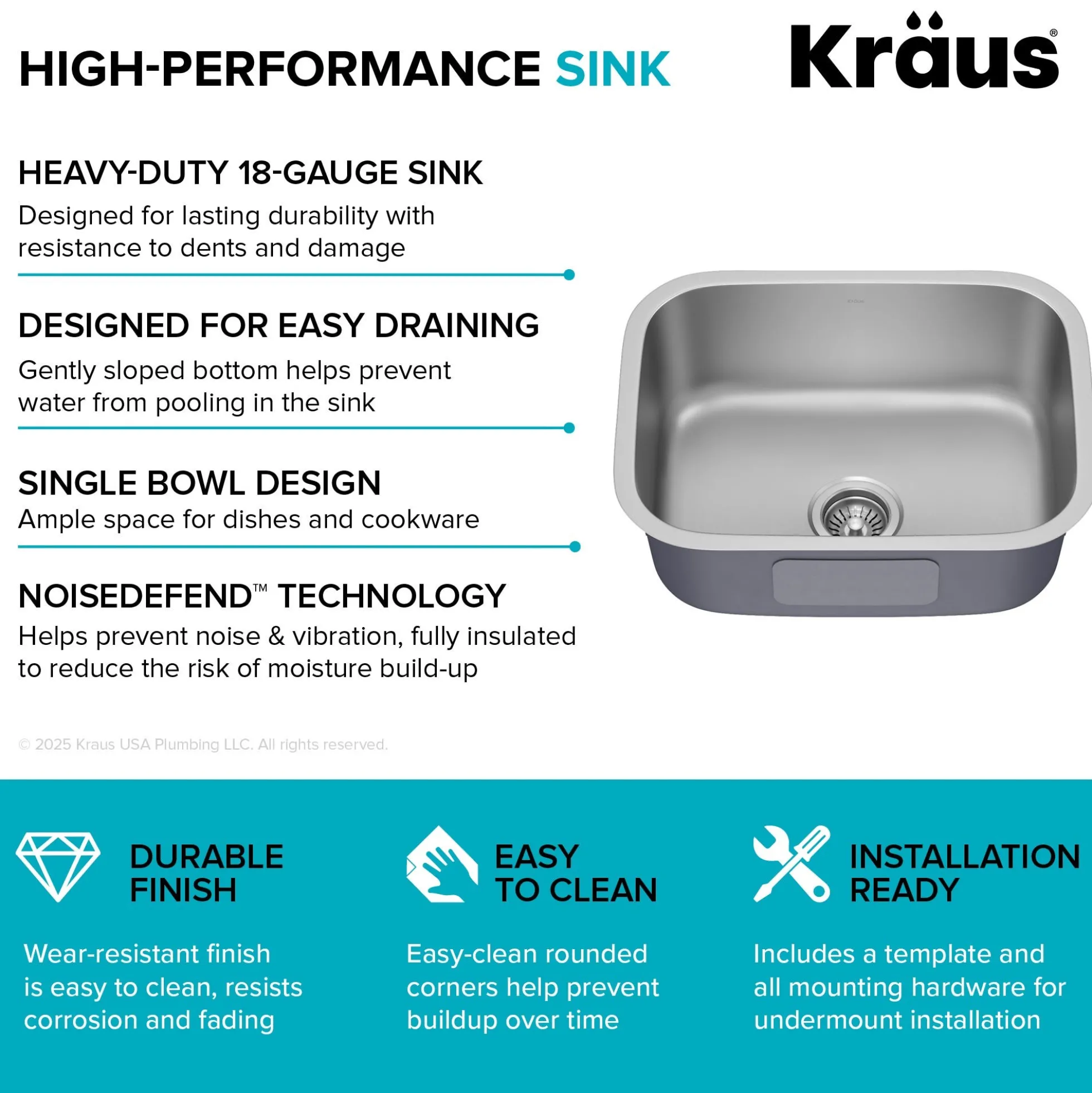 Premier 23” Undermount Single Bowl 18-Gauge Stainless Steel Kitchen Sink