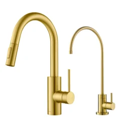 Pull-Down Kitchen Faucet and Water Filter Faucet Combo in Brushed Brass