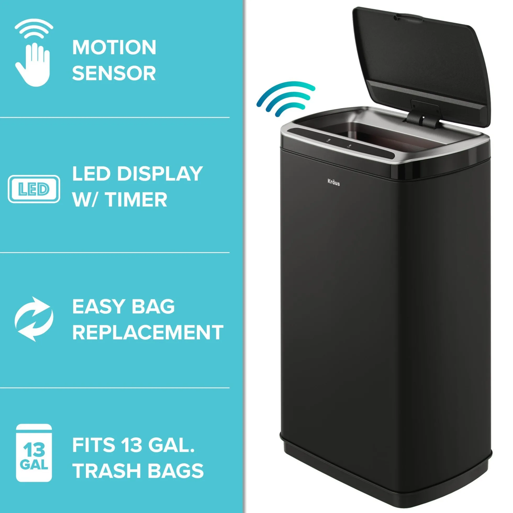 Rectangular 13 Gallon Touchless Motion Sensor Trash Can in Matte Black Finish withSoftShut Lid