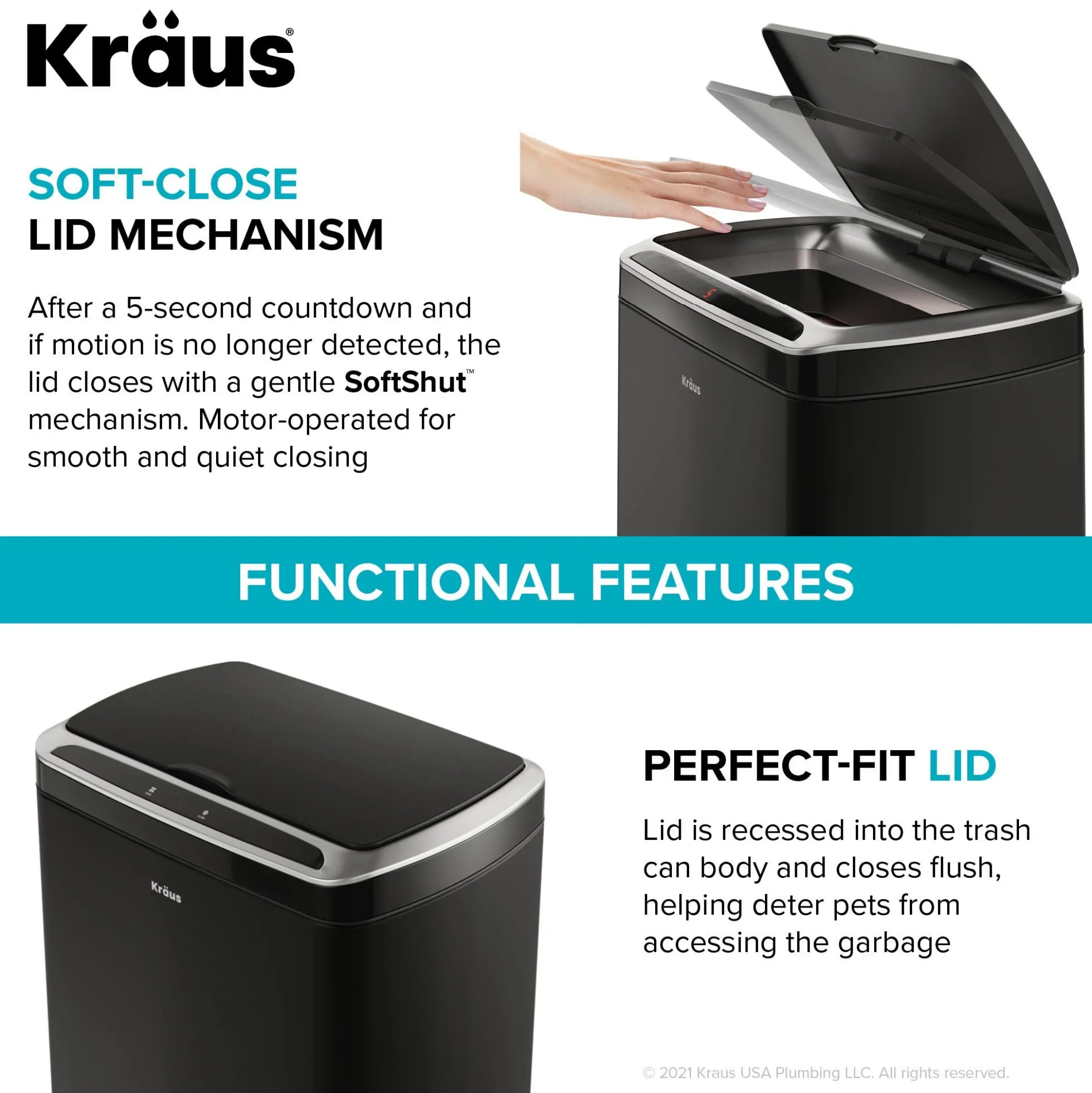 Rectangular 13 Gallon Touchless Motion Sensor Trash Can in Matte Black Finish withSoftShut Lid