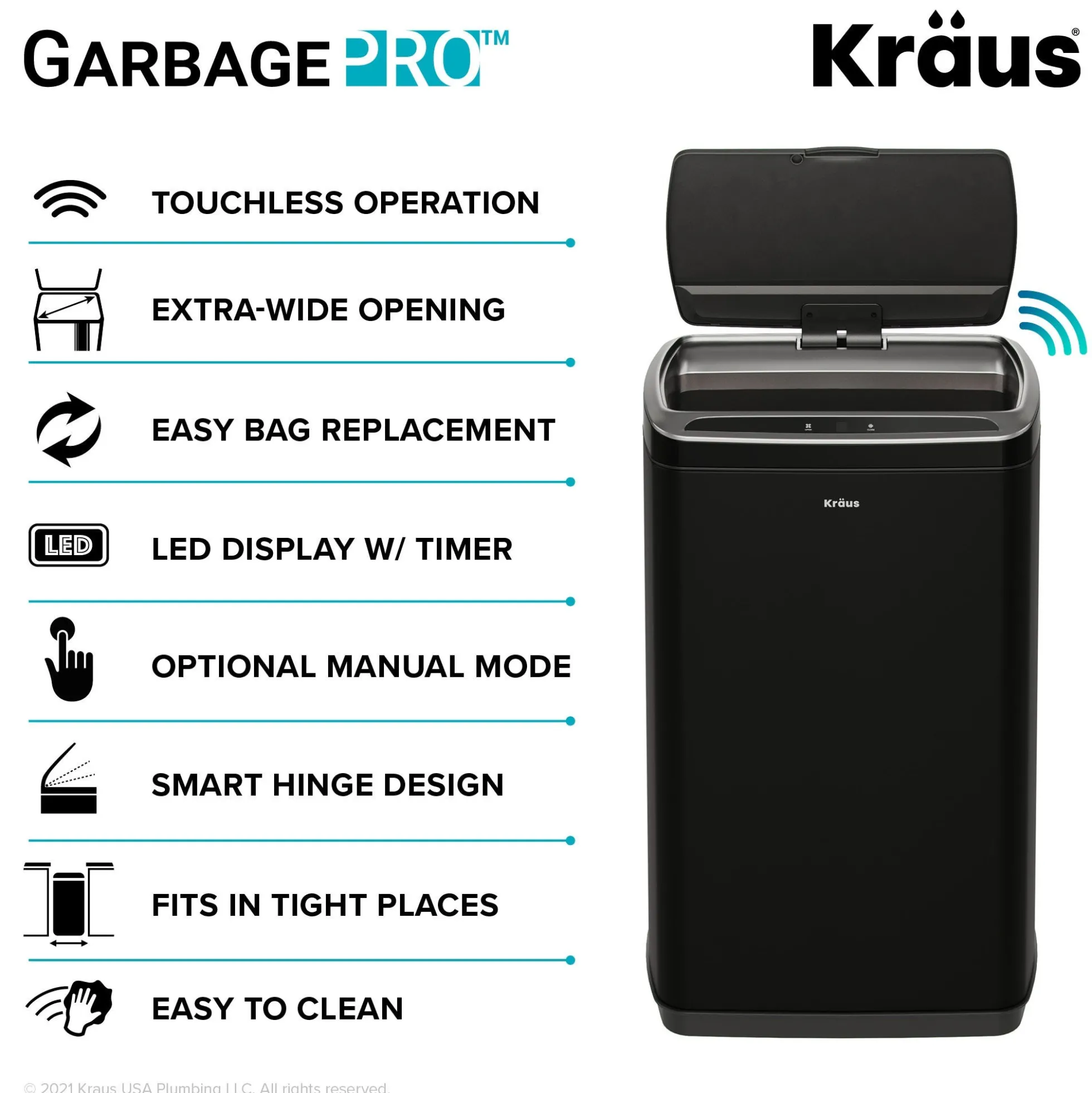 Rectangular 13 Gallon Touchless Motion Sensor Trash Can in Matte Black Finish withSoftShut Lid