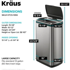 Rectangular 13 Gallon Touchless Motion Sensor Trash Can in Fingerprint Resistant Stainless Steel Finish withSoftShut Lid