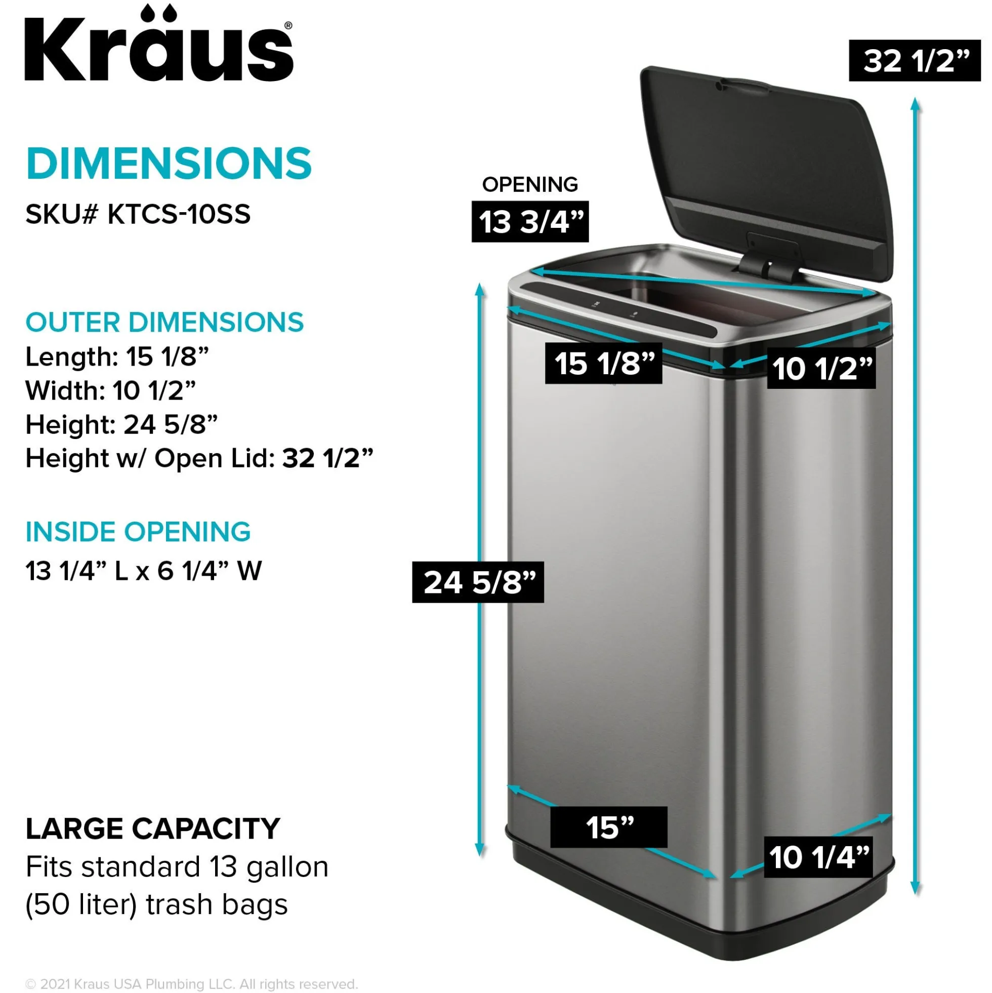 Rectangular 13 Gallon Touchless Motion Sensor Trash Can in Fingerprint Resistant Stainless Steel Finish withSoftShut Lid