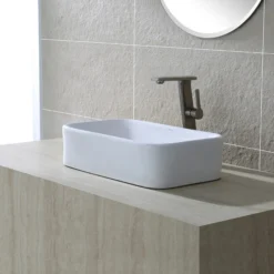 19" Rectangular Vessel Ceramic Bathroom Sink in White with Pop-Up Drain in Satin Nickel