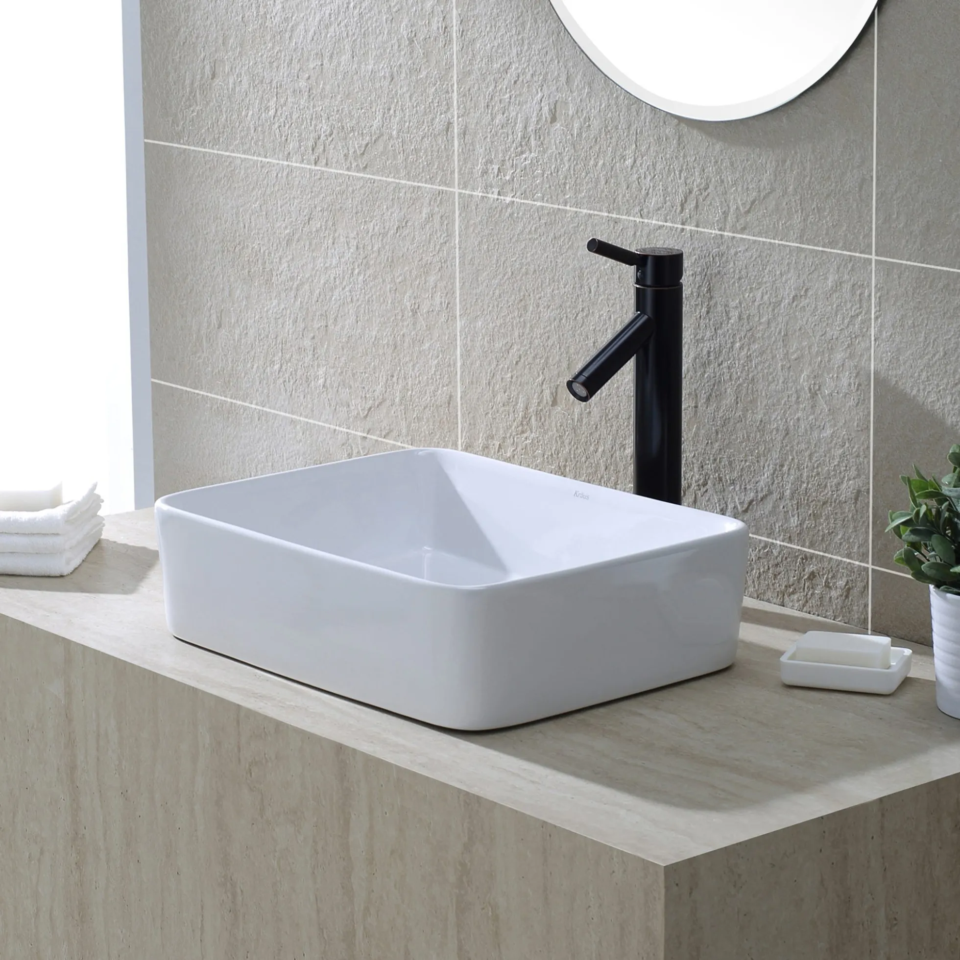 19" Rectangular Vessel Ceramic Bathroom Sink in White with Pop-Up Drain in Oil Rubbed Bronze