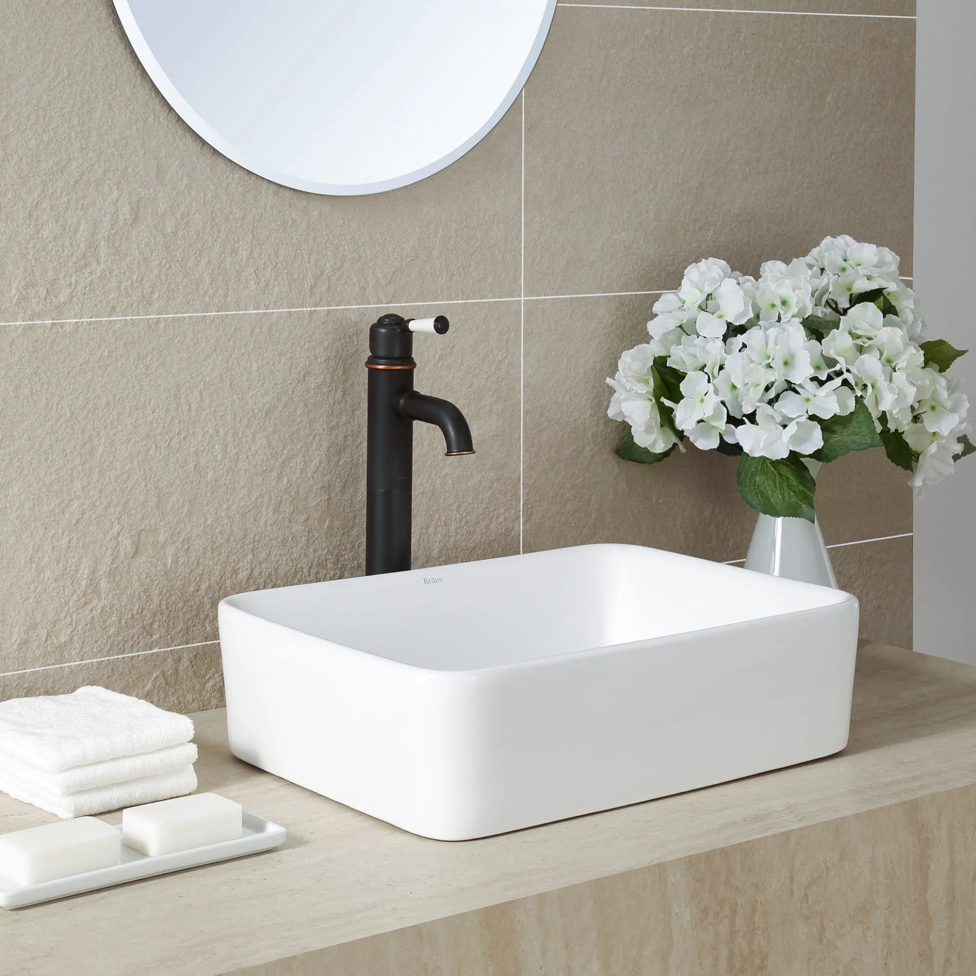 19" Rectangular Vessel Ceramic Bathroom Sink in White with Pop-Up Drain in Oil Rubbed Bronze