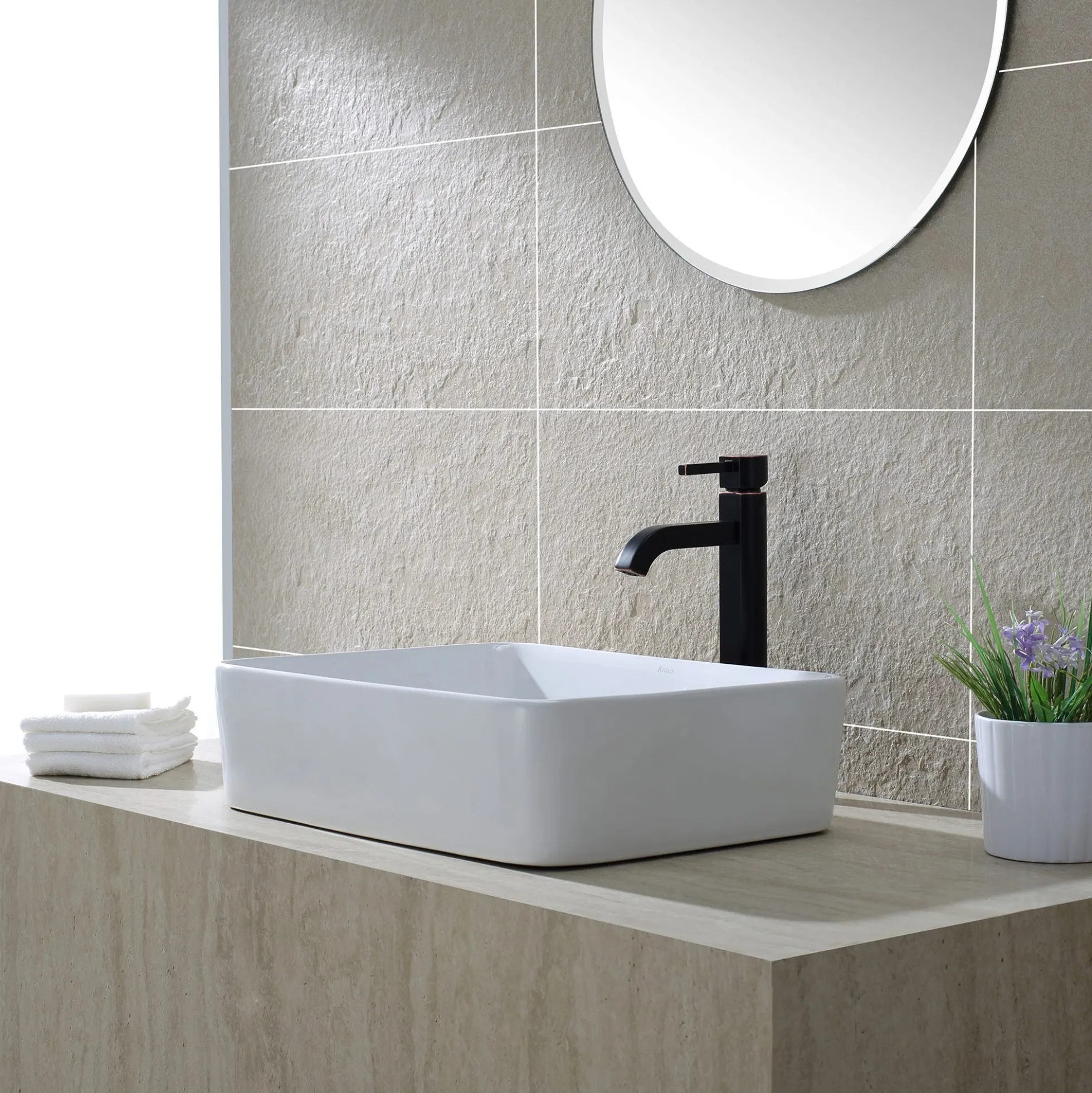 19" Rectangular Vessel Ceramic Bathroom Sink in White with Pop-Up Drain in Oil Rubbed Bronze