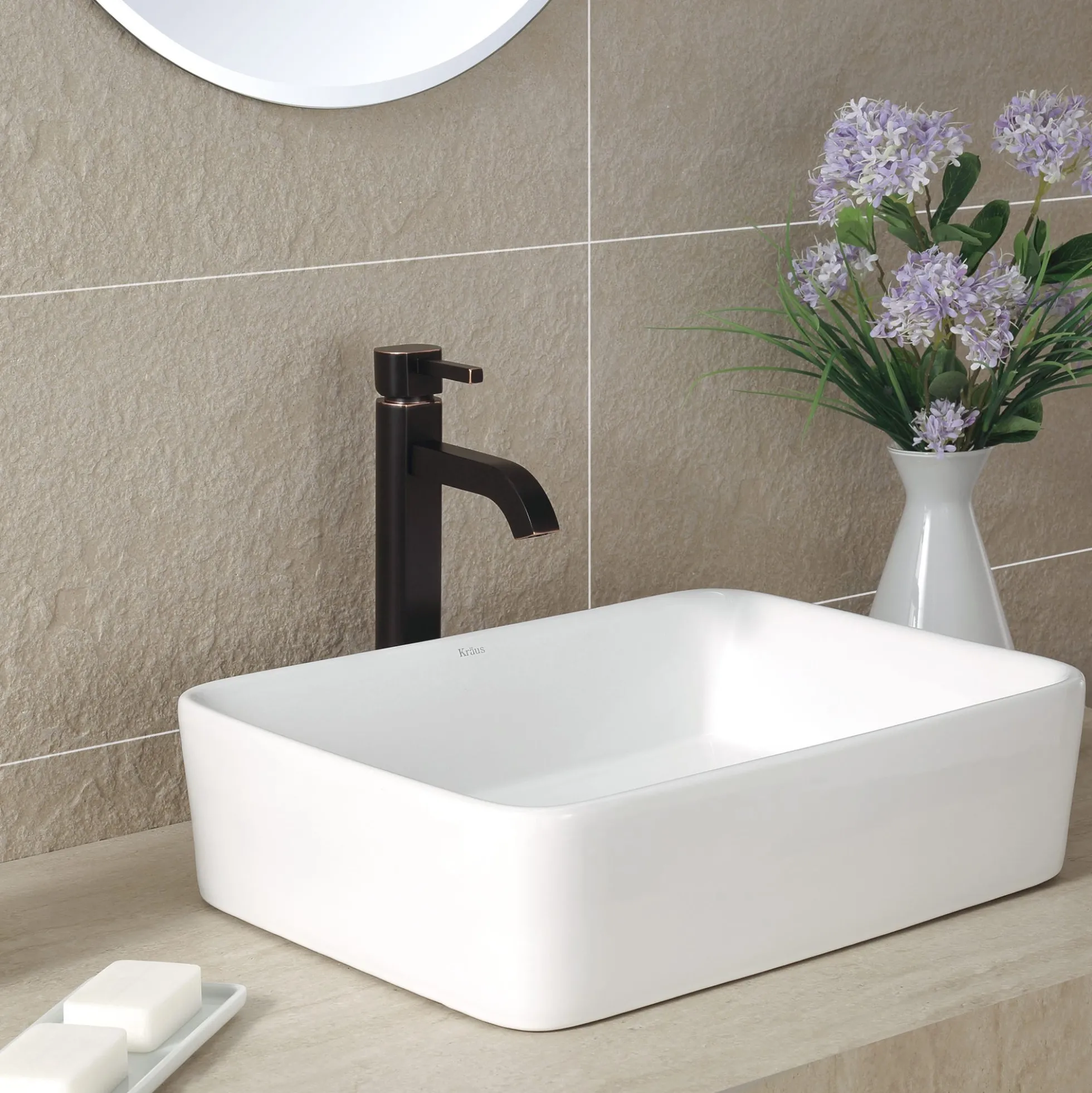 19" Rectangular Vessel Ceramic Bathroom Sink in White with Pop-Up Drain in Oil Rubbed Bronze