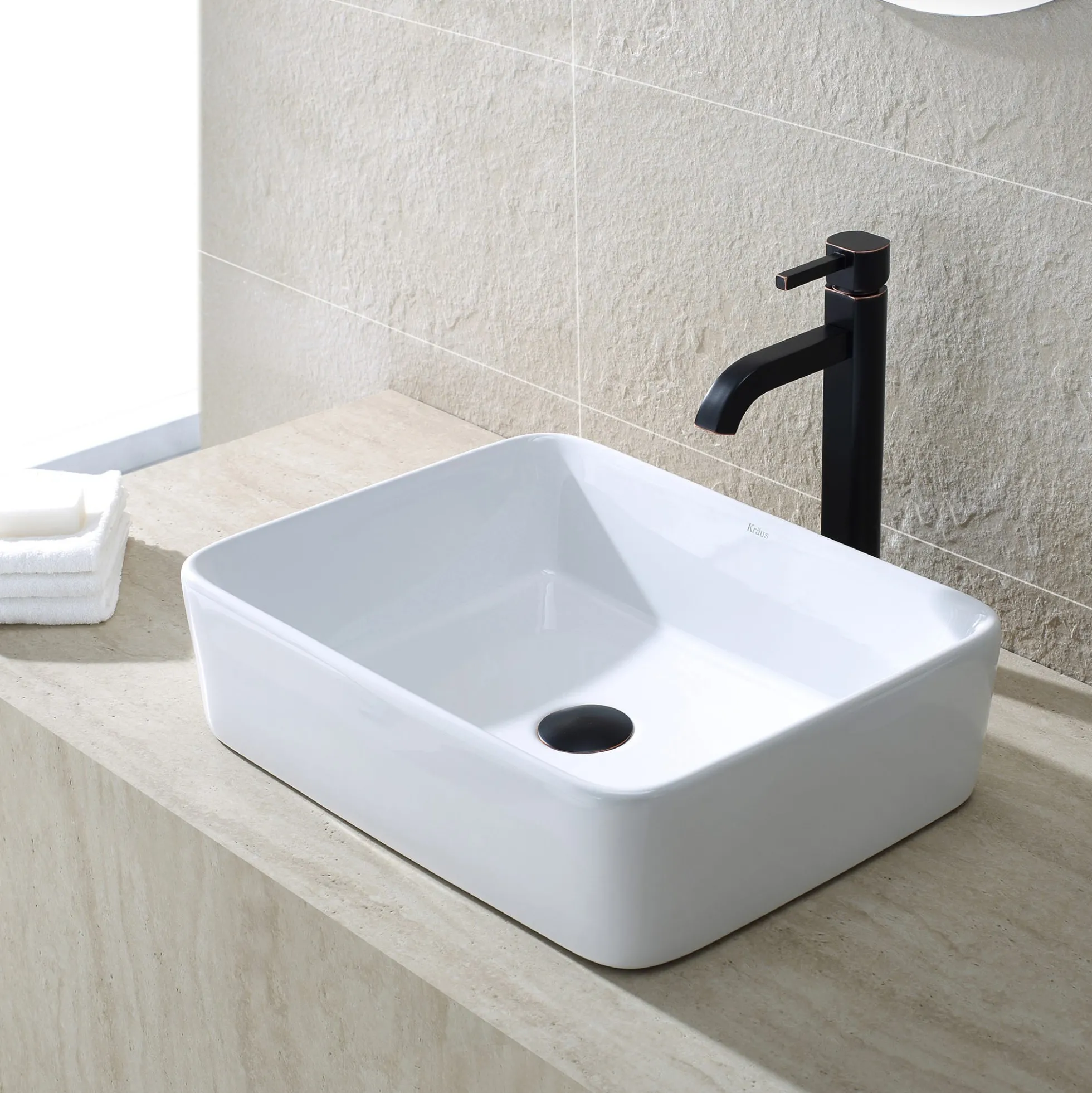19" Rectangular Vessel Ceramic Bathroom Sink in White with Pop-Up Drain in Oil Rubbed Bronze