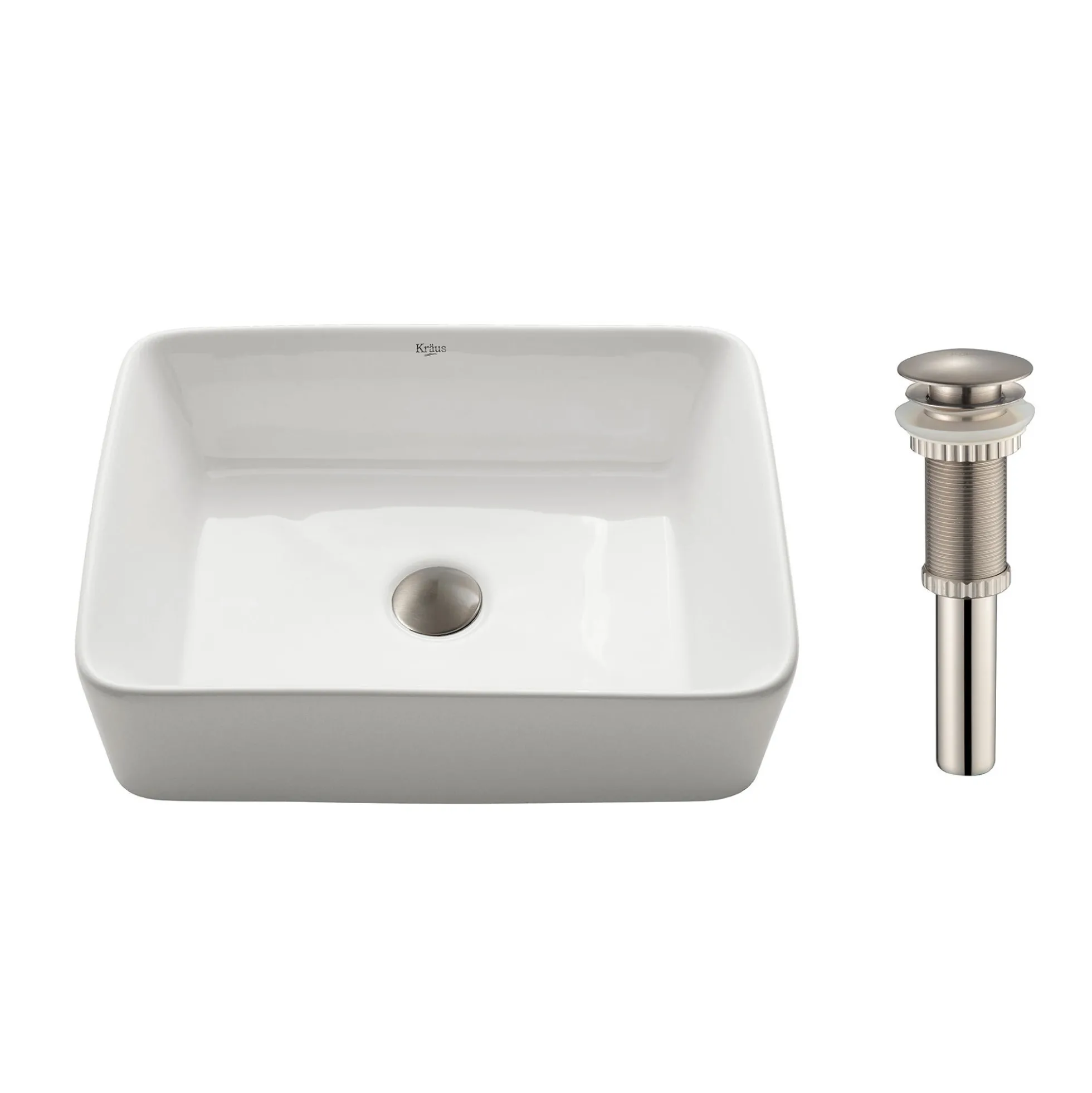 19" Rectangular Vessel Ceramic Bathroom Sink in White with Pop-Up Drain in Satin Nickel