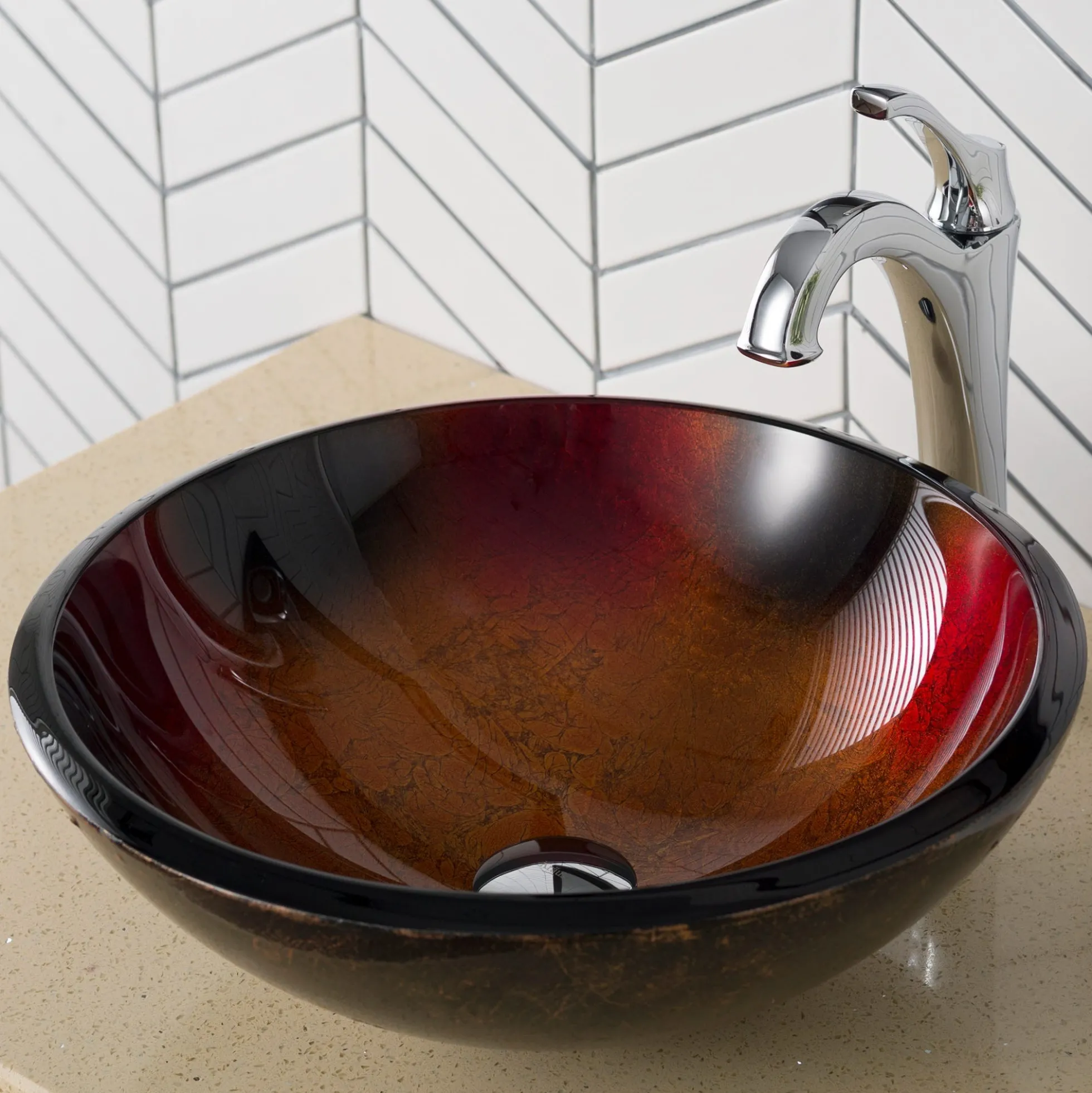 Red/Black/Gold Glass Vessel 17" Bathroom Sink
