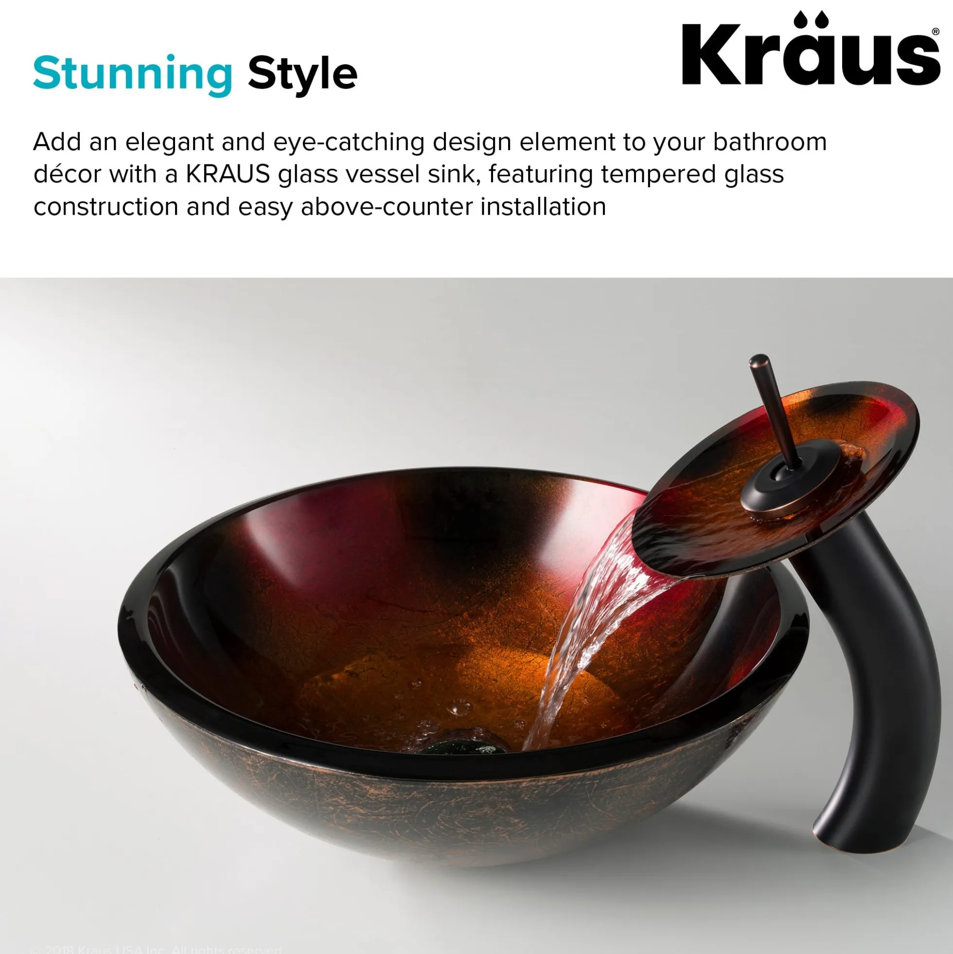 Red/Black/Gold Glass Vessel 17" Bathroom Sink