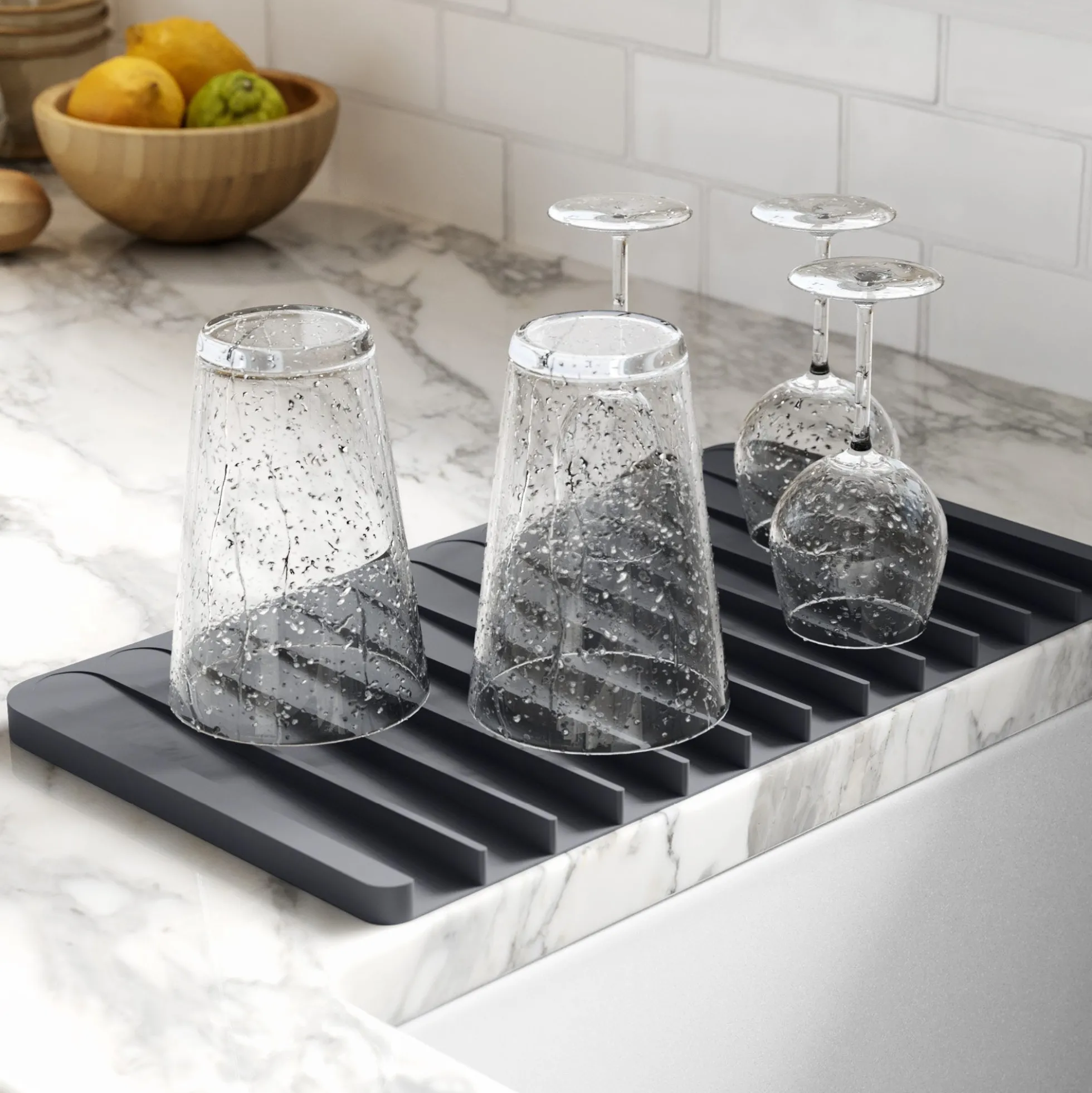 Roll-Up Dish Drying Rack with Self-Draining Silicone Dish Drying Mat and Silicone Soap Dish / Sponge Holder in Dark Grey