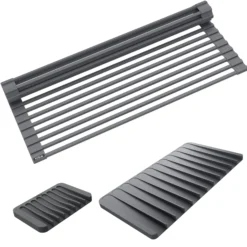 Roll-Up Dish Drying Rack with Self-Draining Silicone Dish Drying Mat and Silicone Soap Dish / Sponge Holder in Dark Grey