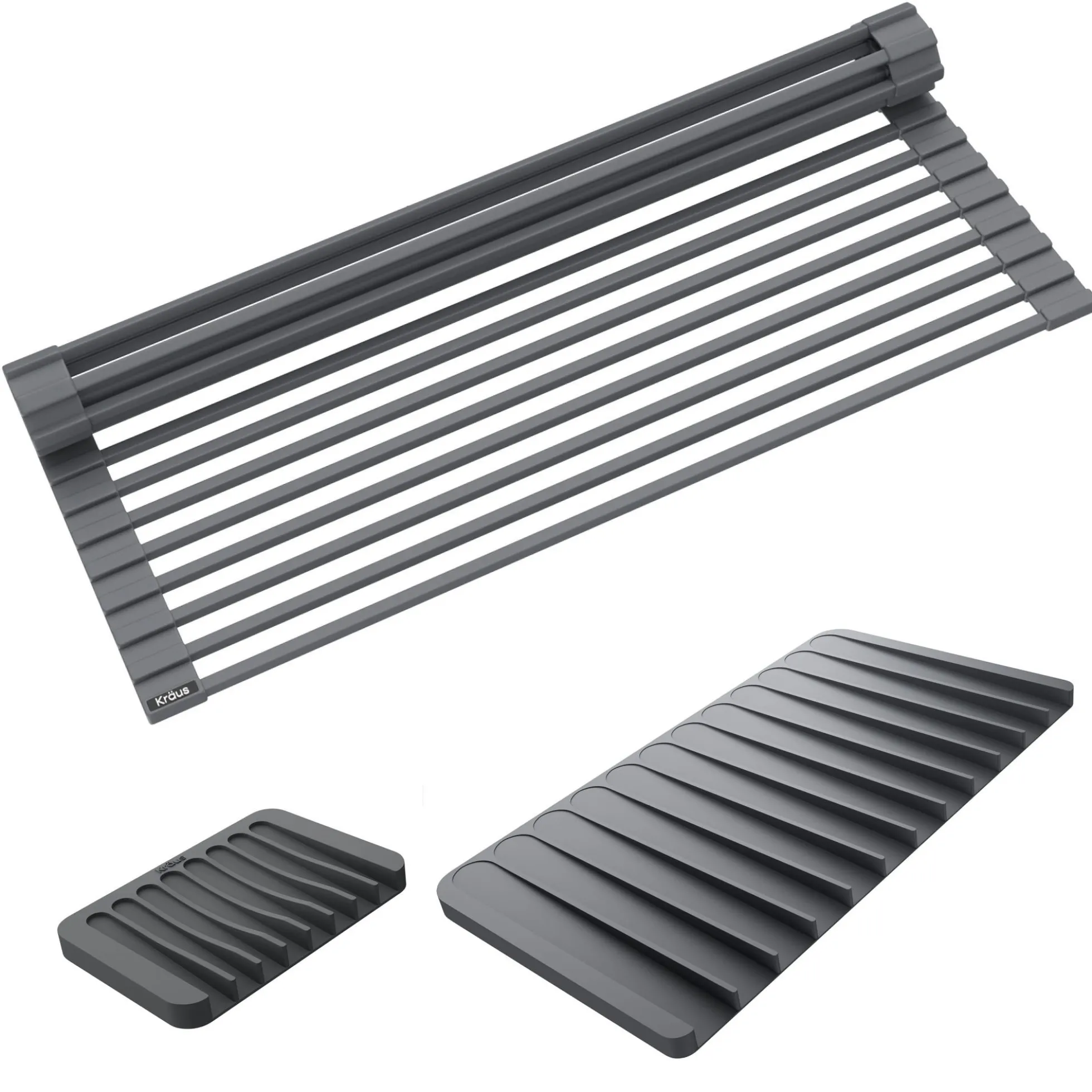 Roll-Up Dish Drying Rack with Self-Draining Silicone Dish Drying Mat and Silicone Soap Dish / Sponge Holder in Dark Grey