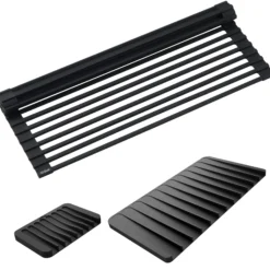 Roll-Up Dish Drying Rack with Self-Draining Silicone Dish Drying Mat and Silicone Soap Dish / Sponge Holder in Black