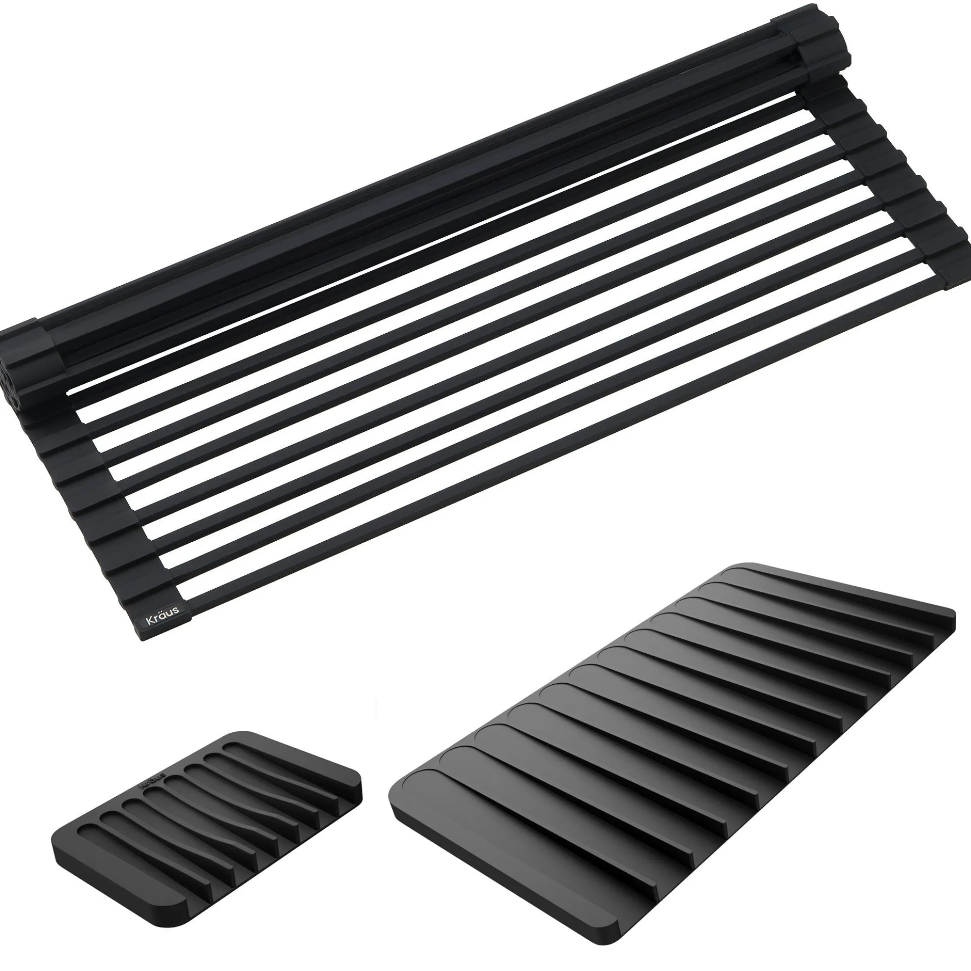Roll-Up Dish Drying Rack with Self-Draining Silicone Dish Drying Mat and Silicone Soap Dish / Sponge Holder in Black