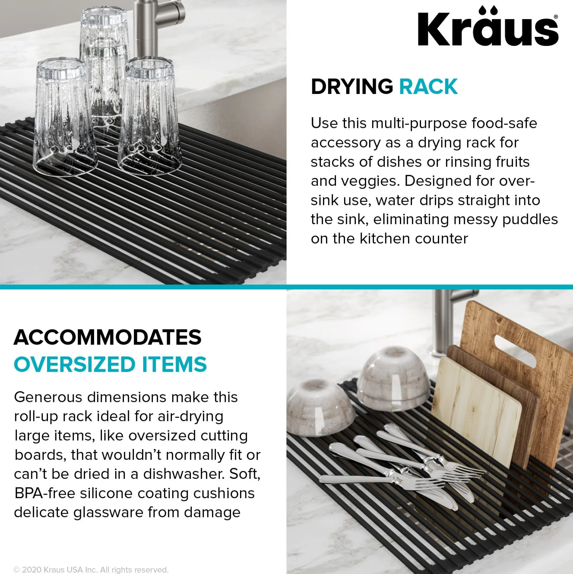 Roll-Up Dish Drying Rack with Self-Draining Silicone Dish Drying Mat and Silicone Soap Dish / Sponge Holder in Black