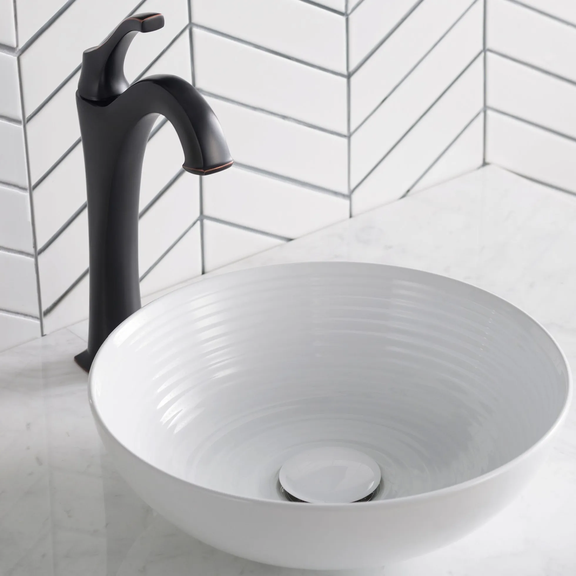 13" Round Vessel Ceramic Bathroom Sink in White with Pop Up Drain