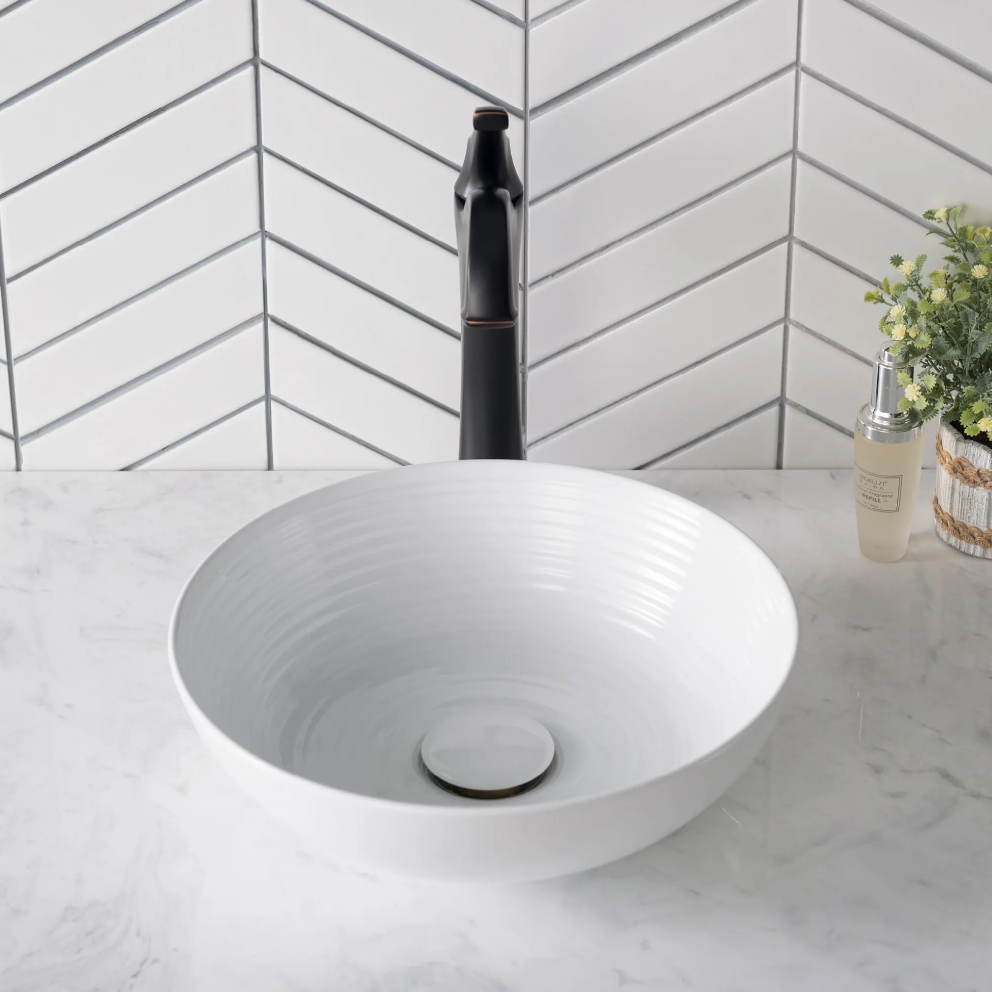 13" Round Vessel Ceramic Bathroom Sink in White with Pop Up Drain