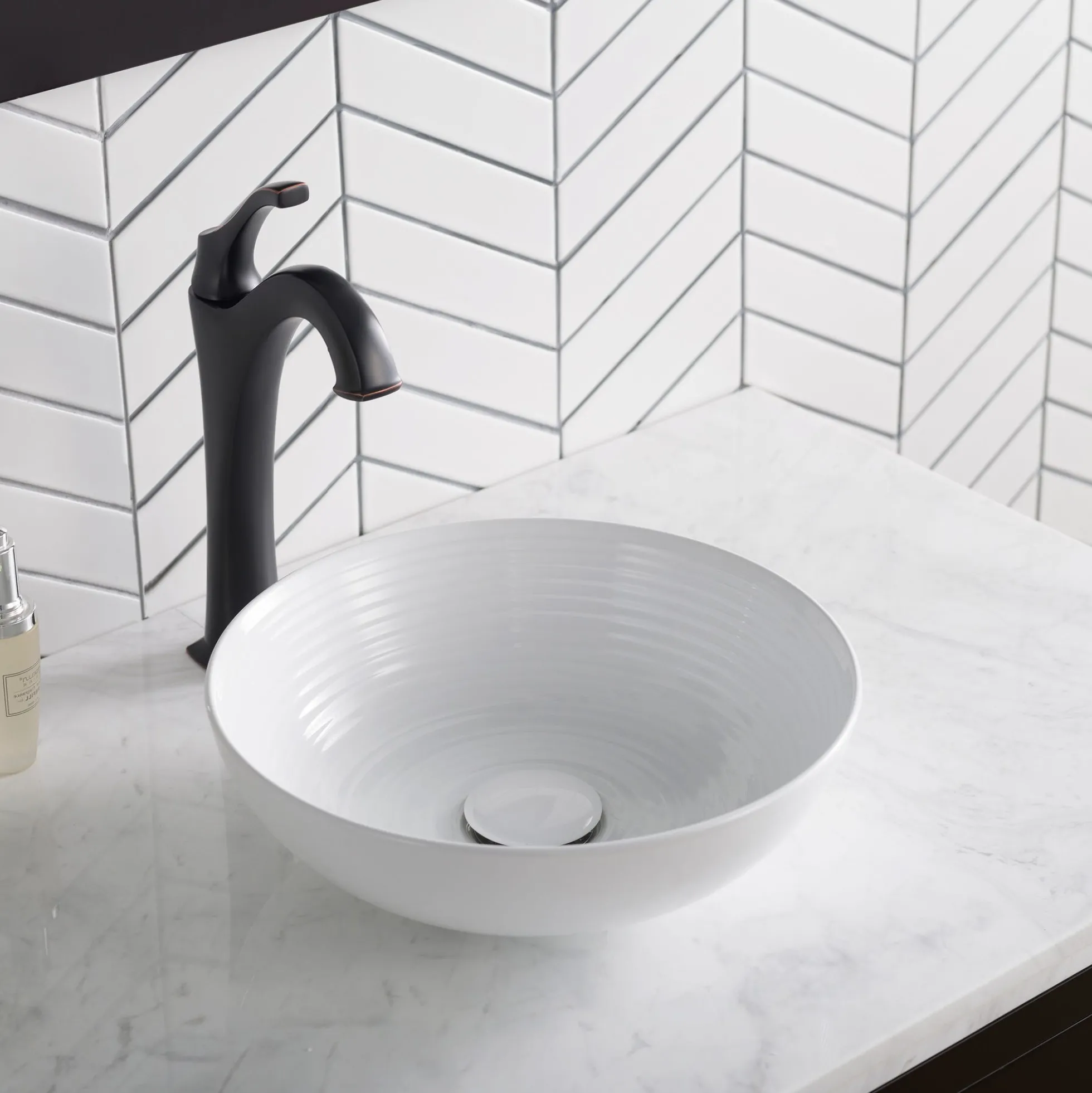13" Round Vessel Ceramic Bathroom Sink in White with Pop Up Drain
