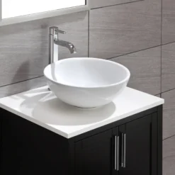 16" Round Vessel Ceramic Bathroom Sink in White with Pop-Up Drain in Chrome
