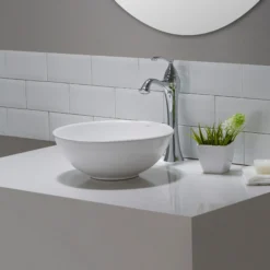 14" Round Vessel Ceramic Bathroom Sink in White with Pop-Up Drain in Brushed Nickel