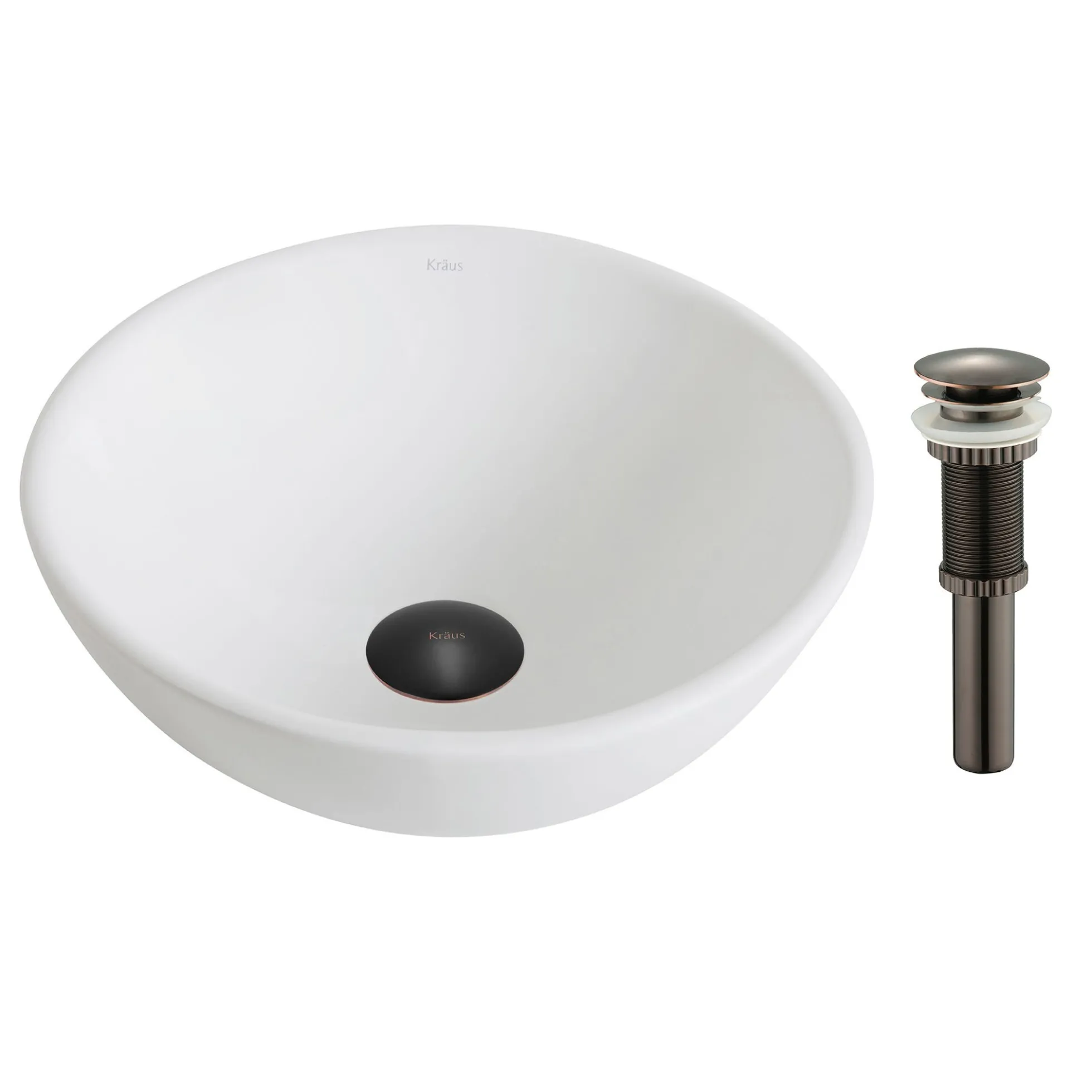 14" Round Vessel Ceramic Bathroom Sink in White with Pop-Up Drain in Oil Rubbed Bronze