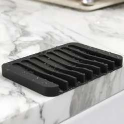 Self-Draining Silicone Dish Drying Mat or Trivet and Silicone Soap Dish / Sponge Holder for Bathroom or Kitchen Counter in Black