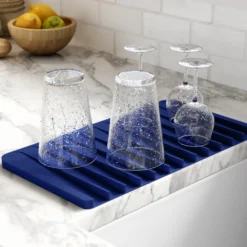 Self-Draining Silicone Dish Drying Mat or Trivet for Kitchen Counter in Dark Blue