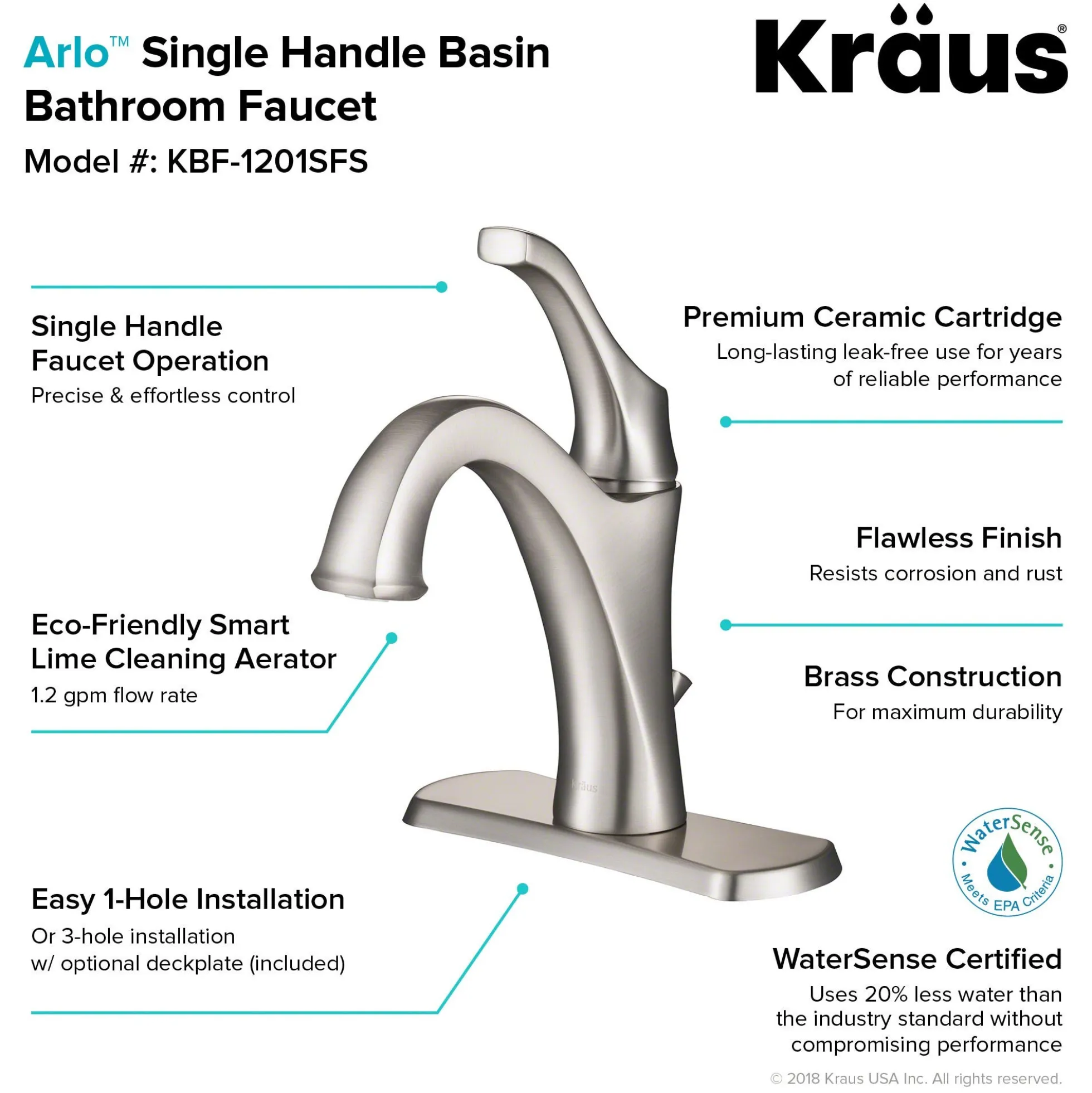 Single Handle Basin Bathroom Faucet with Lift Rod Drain and Deck Plate in Spot Free Stainless Steel