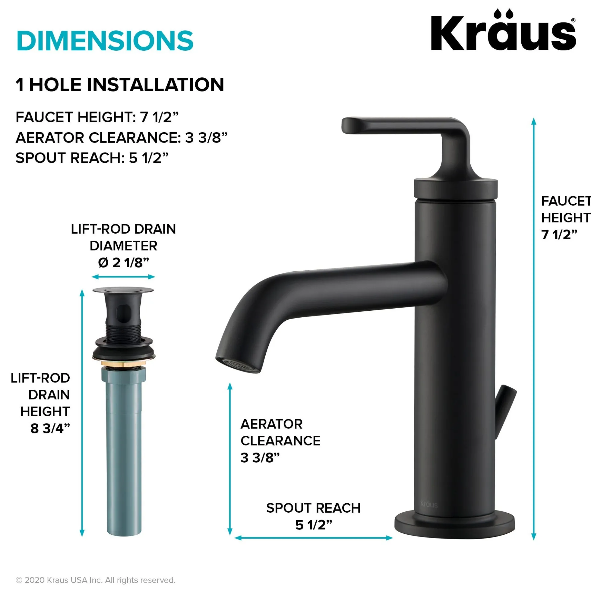 Single Handle Basin Bathroom Faucet with Lift Rod Drain in Matte Black