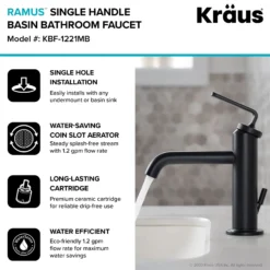 Single Handle Basin Bathroom Faucet with Lift Rod Drain in Matte Black