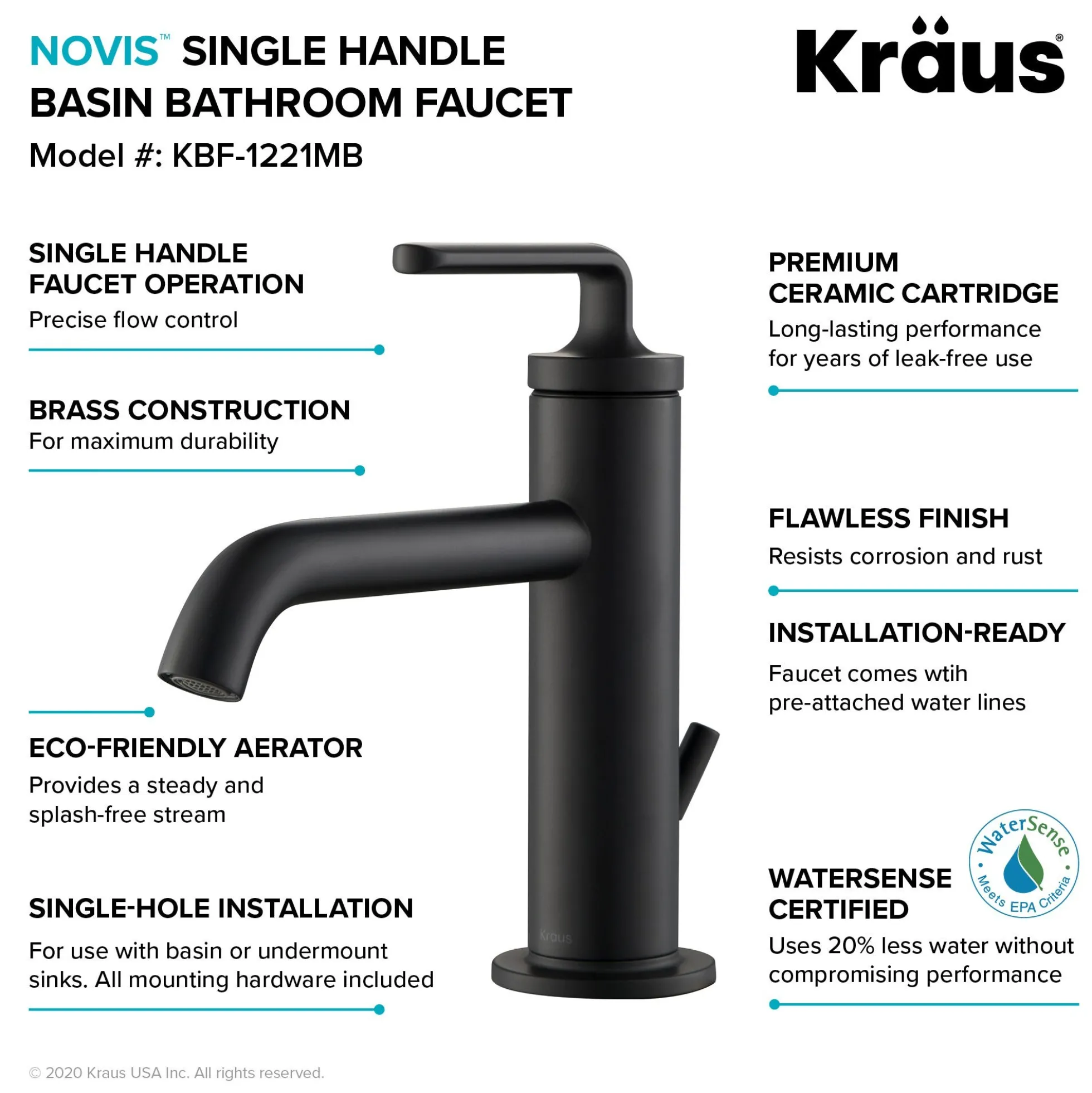 Single Handle Basin Bathroom Faucet with Lift Rod Drain in Matte Black (2-Pack)