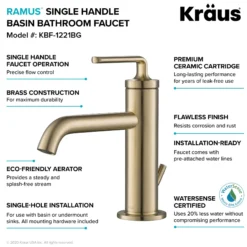 Single Handle Basin Bathroom Faucet with Lift Rod Drain in Brushed Gold