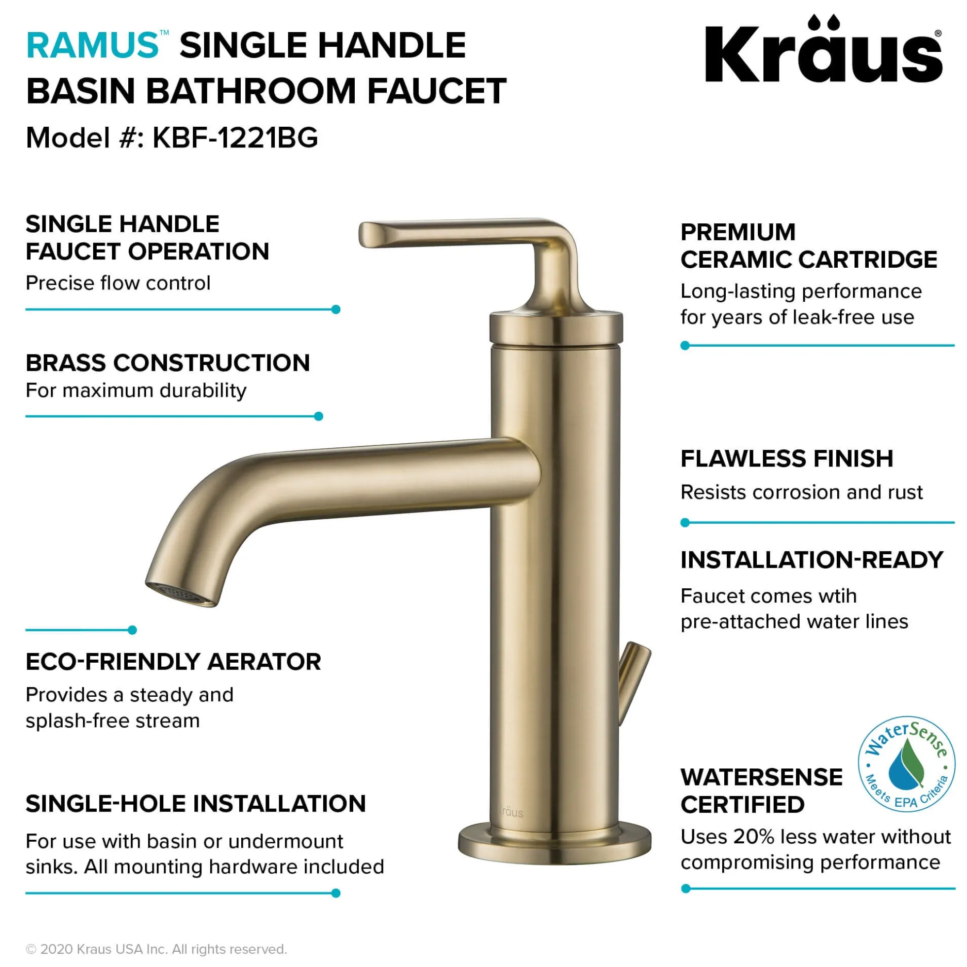 Single Handle Basin Bathroom Faucet with Lift Rod Drain in Brushed Gold