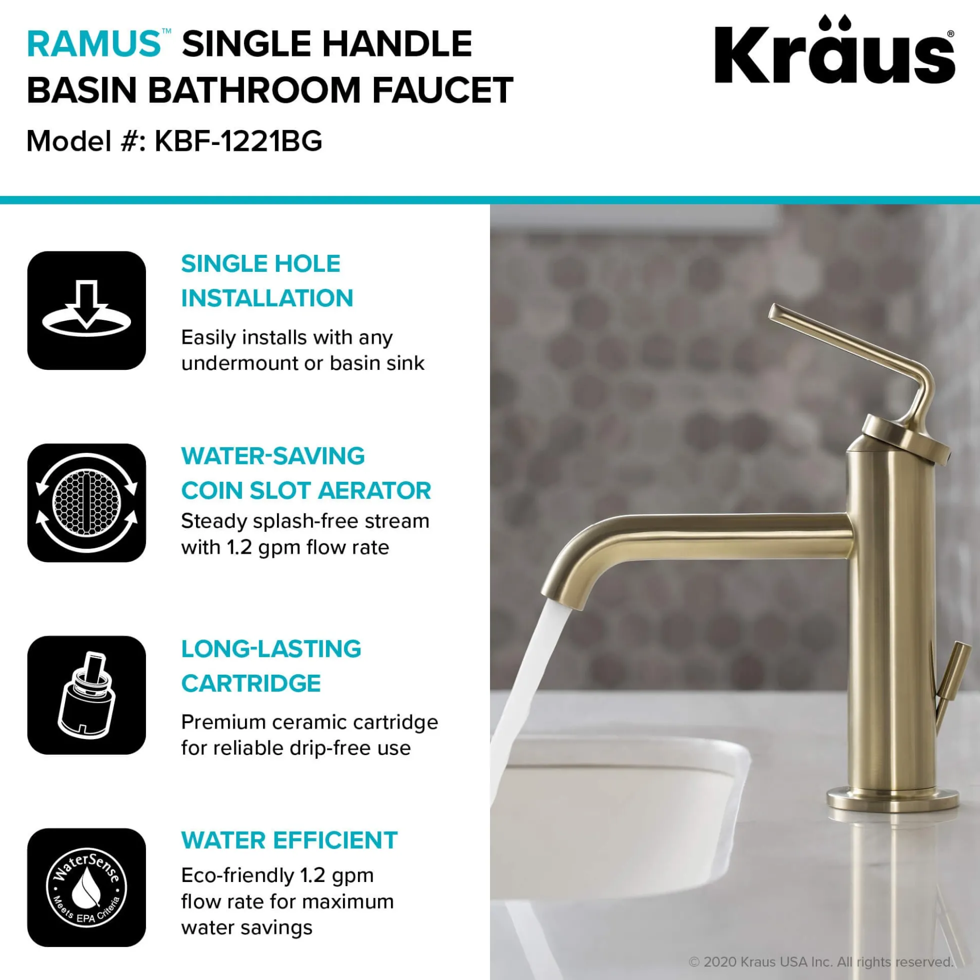Single Handle Basin Bathroom Faucet with Lift Rod Drain in Brushed Gold
