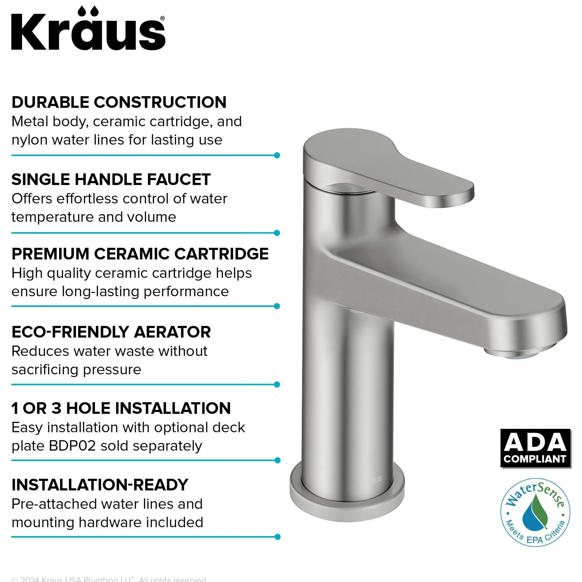 Single Handle Bathroom Faucet in Spot-Free Brushed Nickel with Pop Up Drain and Supply Lines