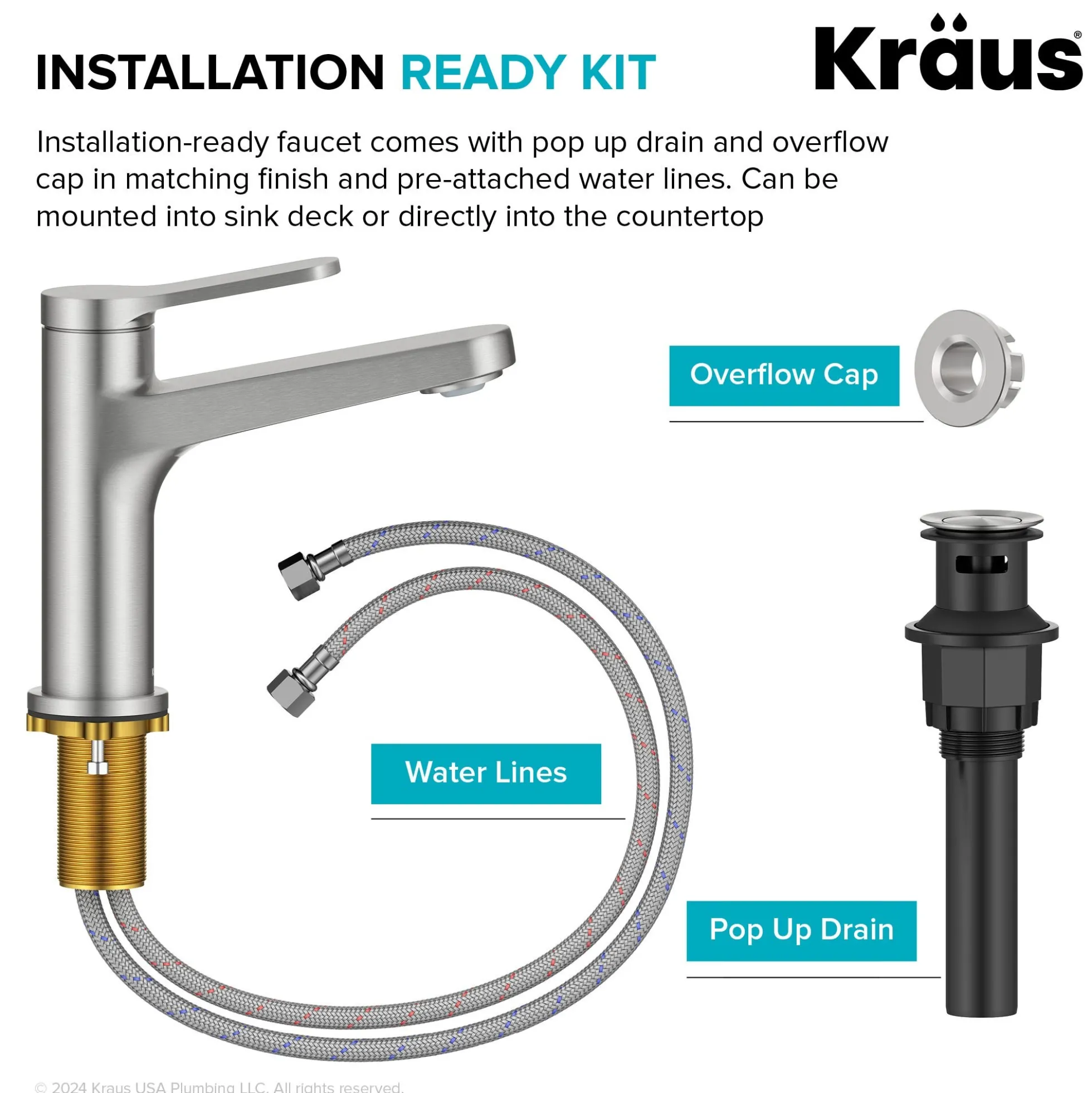 Single Handle Bathroom Faucet in Spot-Free Brushed Nickel with Pop Up Drain and Supply Lines