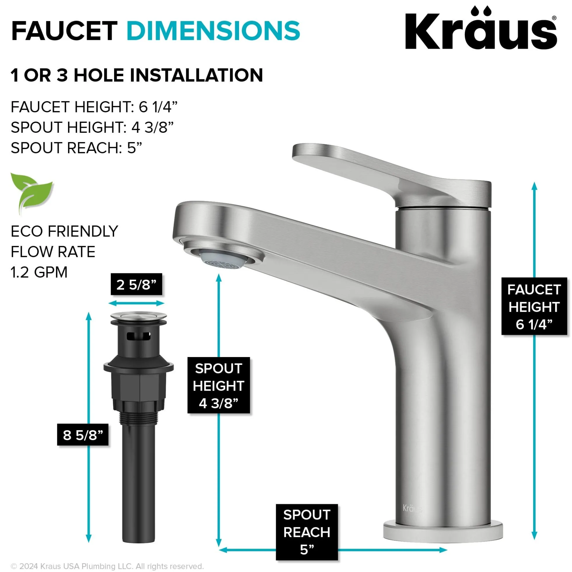 Single Handle Bathroom Faucet in Spot-Free Brushed Nickel with Pop Up Drain and Supply Lines