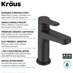 Single Handle Bathroom Faucet in Matte Black with Pop Up Drain and Supply Lines
