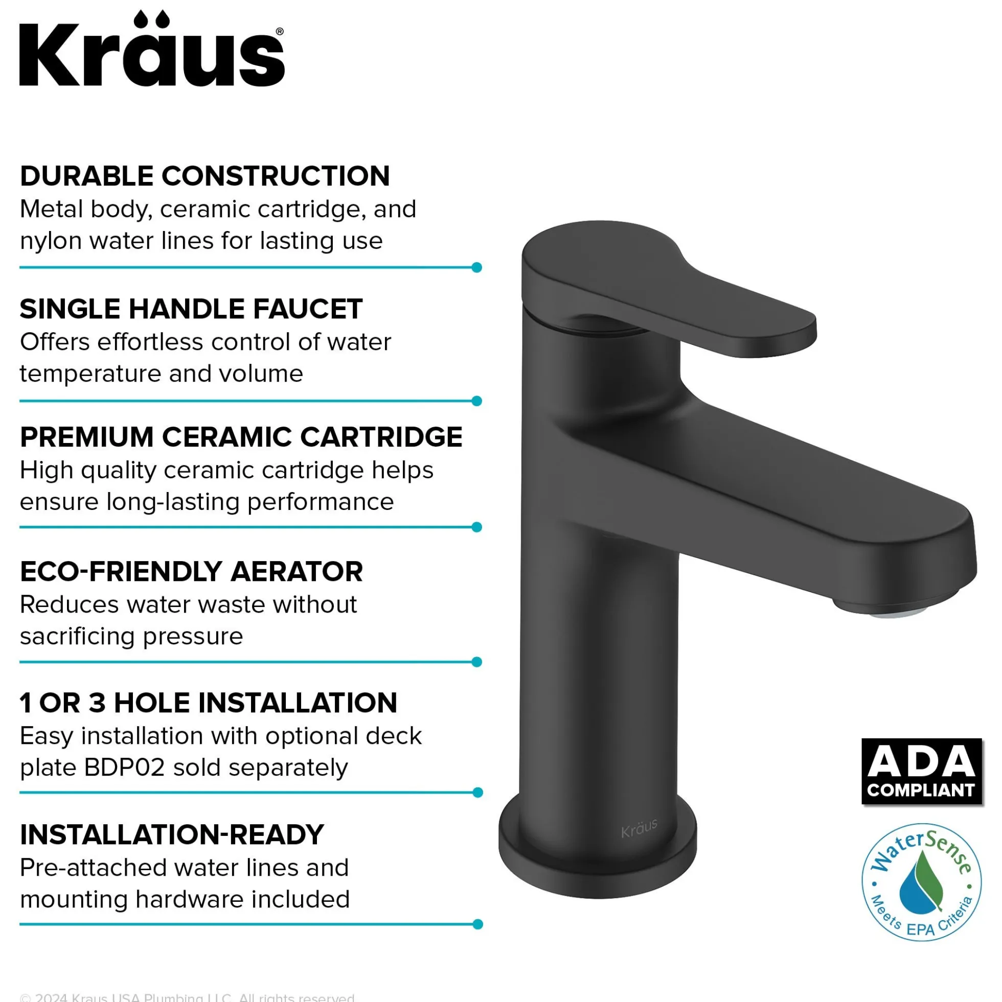 Single Handle Bathroom Faucet in Matte Black with Pop Up Drain and Supply Lines