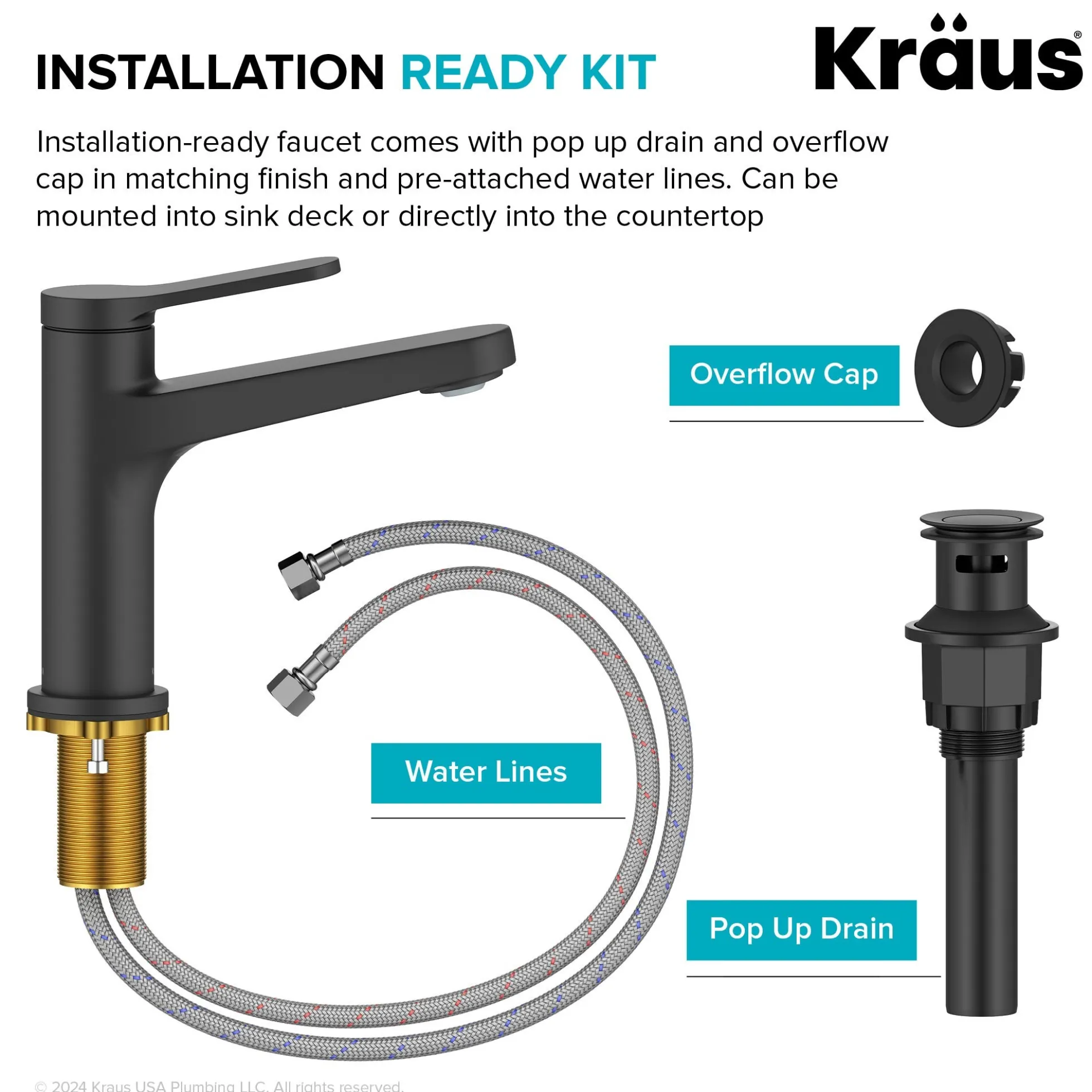 Single Handle Bathroom Faucet in Matte Black with Pop Up Drain and Supply Lines