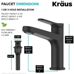 Single Handle Bathroom Faucet in Matte Black with Pop Up Drain and Supply Lines