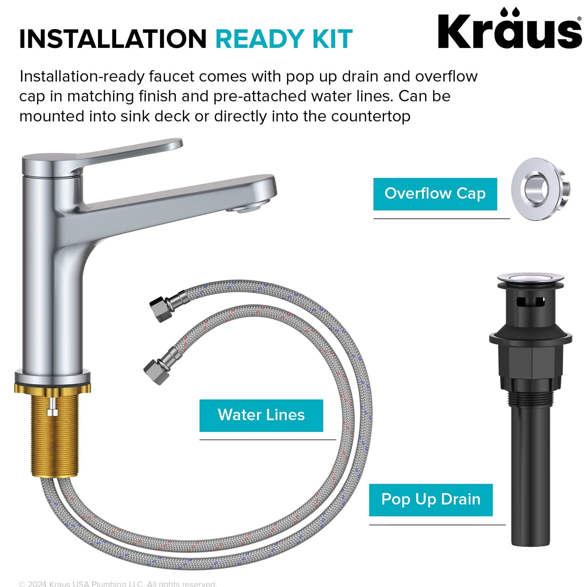 Single Handle Bathroom Faucet in Chrome with Pop Up Drain and Supply Lines