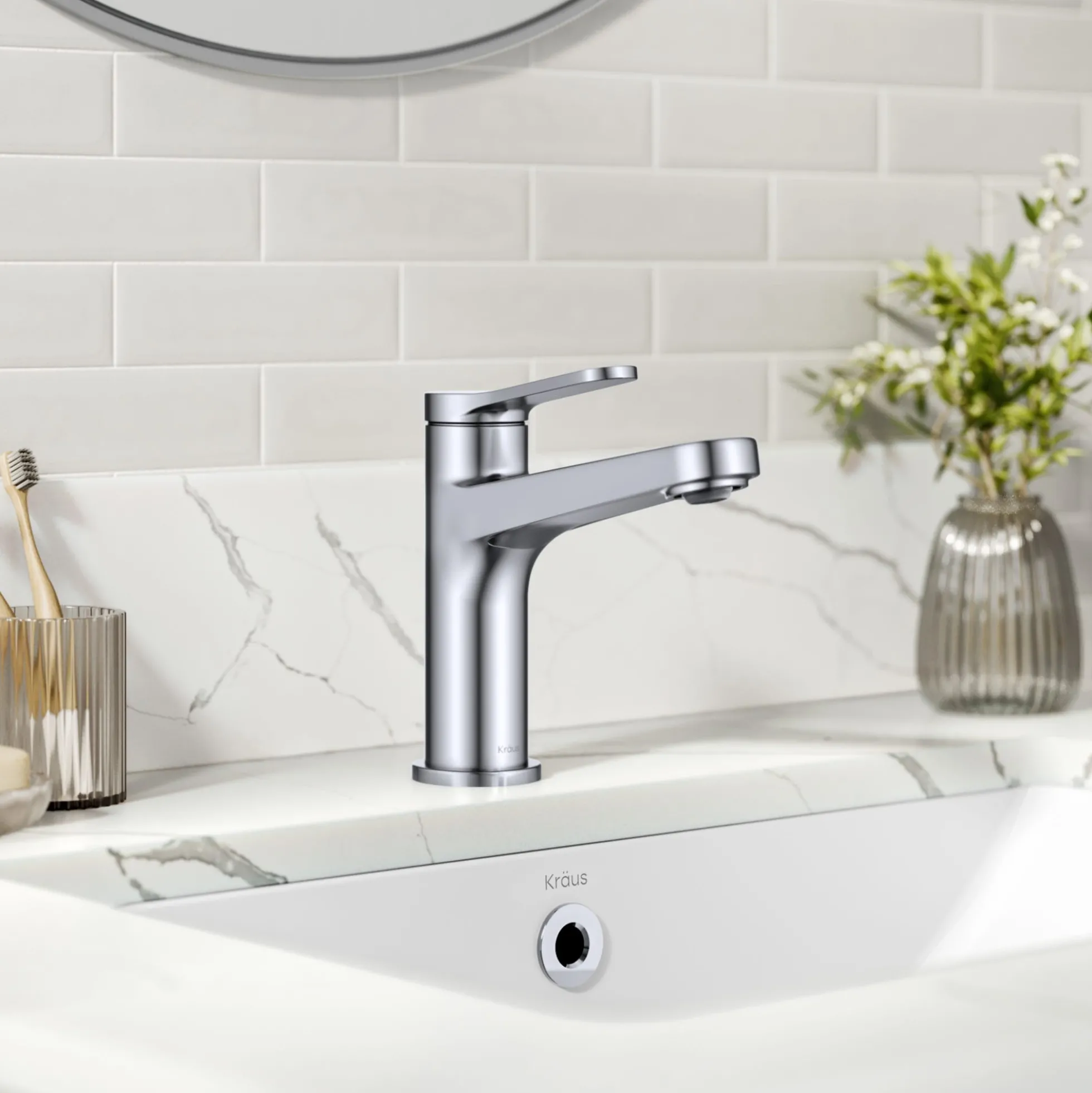 Single Handle Bathroom Faucet in Chrome with Pop Up Drain and Supply Lines