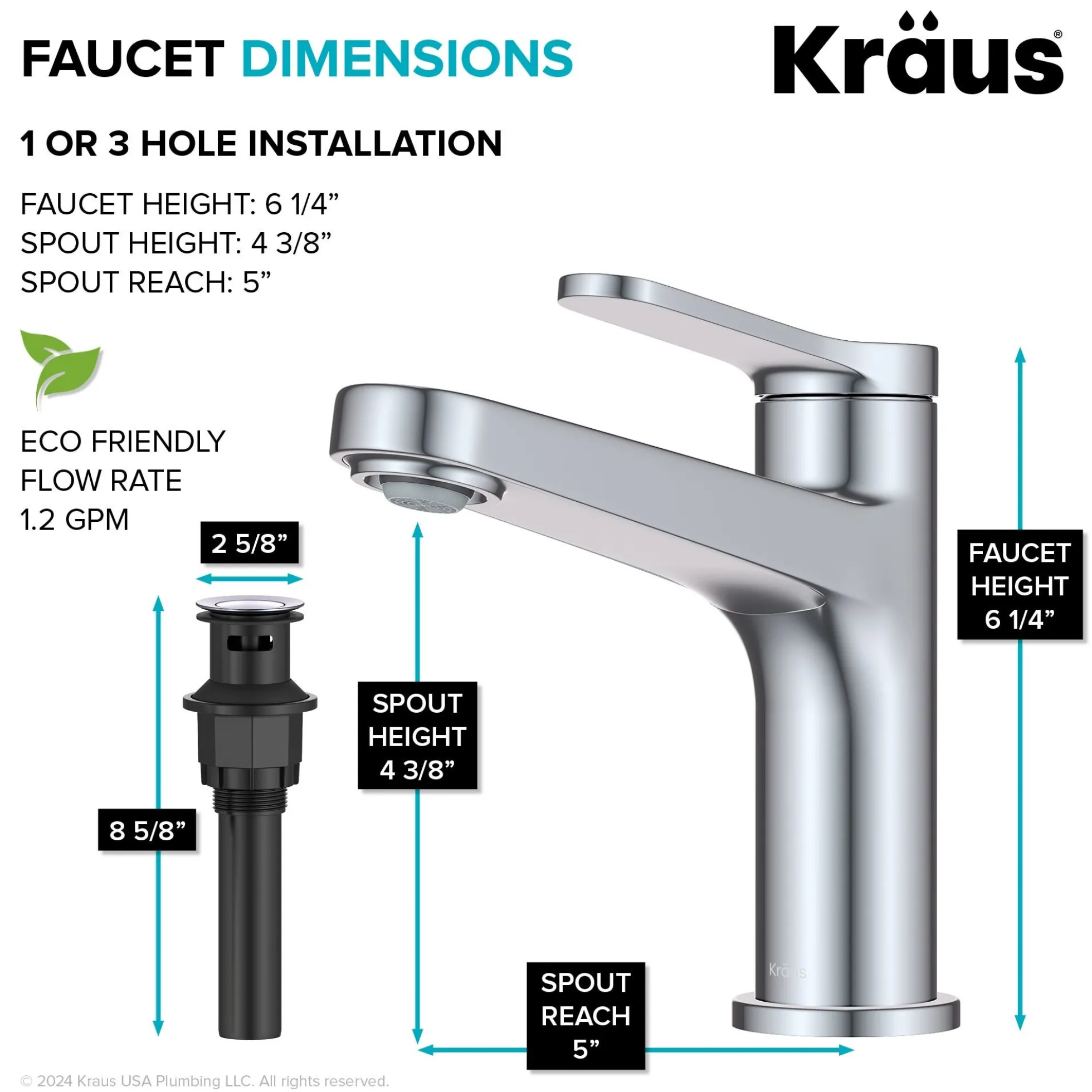 Single Handle Bathroom Faucet in Chrome with Pop Up Drain and Supply Lines