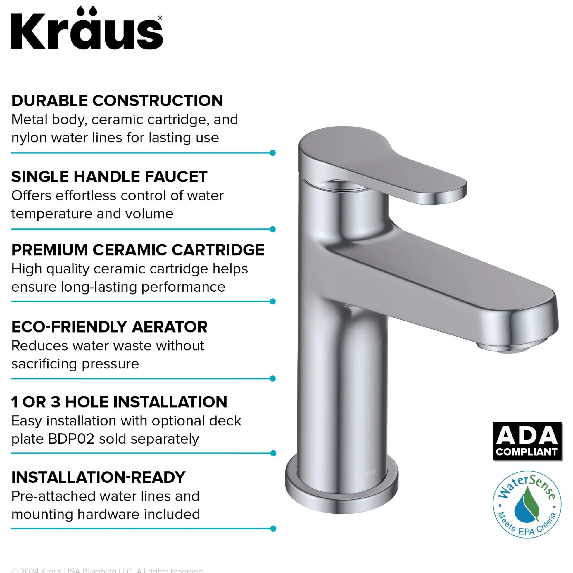 Single Handle Bathroom Faucet in Chrome with Pop Up Drain and Supply Lines
